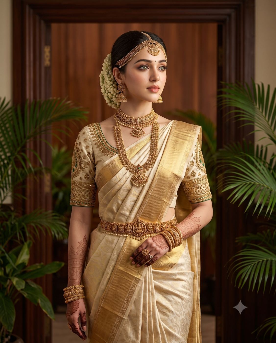 South Indian Bride in Gold Kanjivaram Saree Traditional Portrait AI Photo Editing Prompt. AI generated bridal photograph of a woman in a gold silk saree with temple jewelry, jasmine flowers in her hair, and mehndi on her hands standing near a wooden doorway.