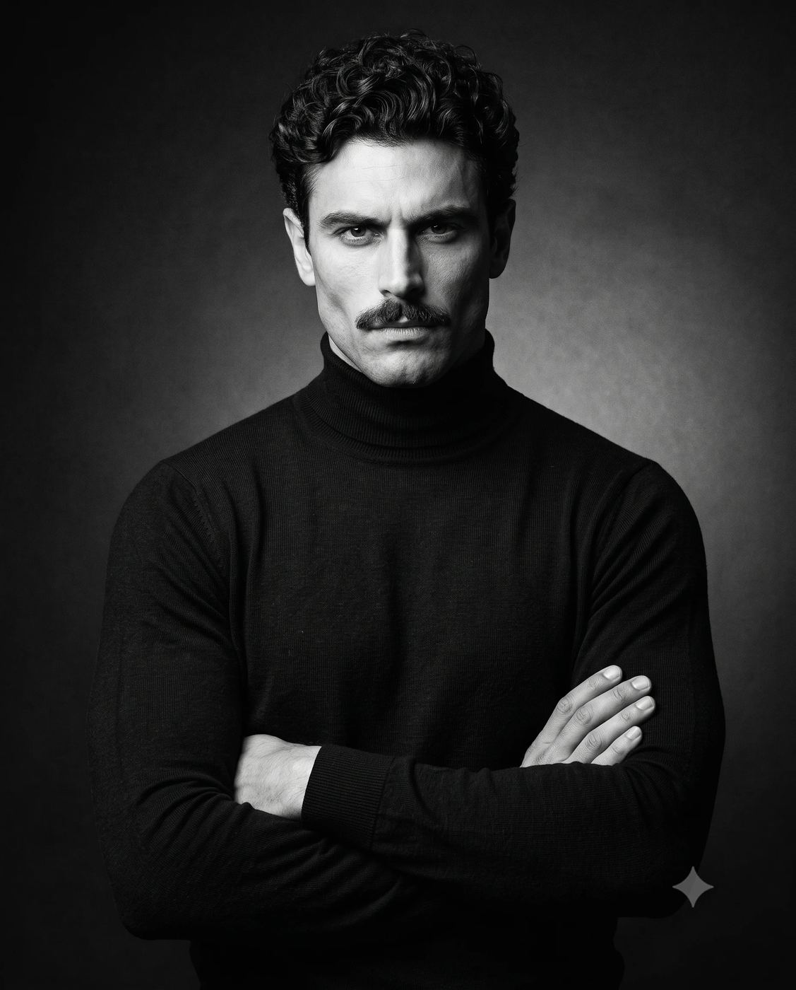 Classic Black and White Studio Portrait of Man AI Photo Editing Prompt. AI generated portrait of a man, wearing a black turtleneck and posing with arms crossed against a dark background.