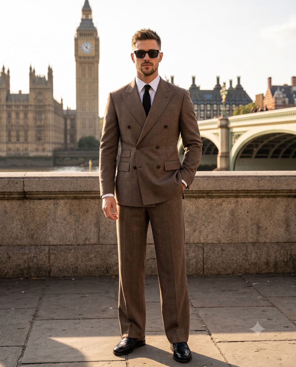 Stylish Man in Brown Suit in London Fashion Photography AI Photo Editing Prompt. AI generated street style portrait of a handsome man in a brown double-breasted suit and sunglasses standing confidently near Big Ben and Westminster Bridge.