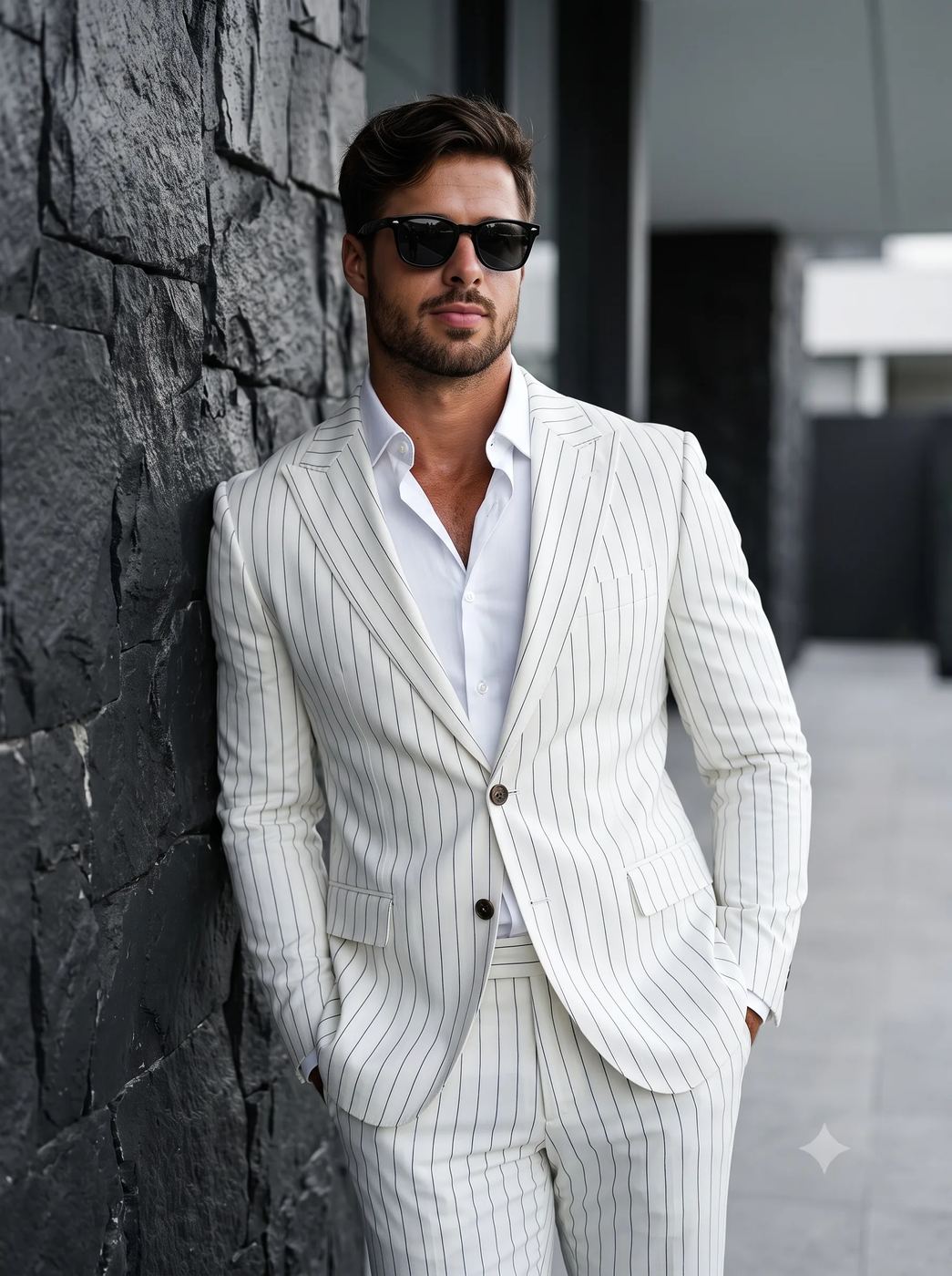 Modern Suited Man Portrait AI Photo Editing Prompt. AI generated portrait of a stylish man in a white pinstripe suit and sunglasses, leaning on a dark stone wall with hands in pockets.