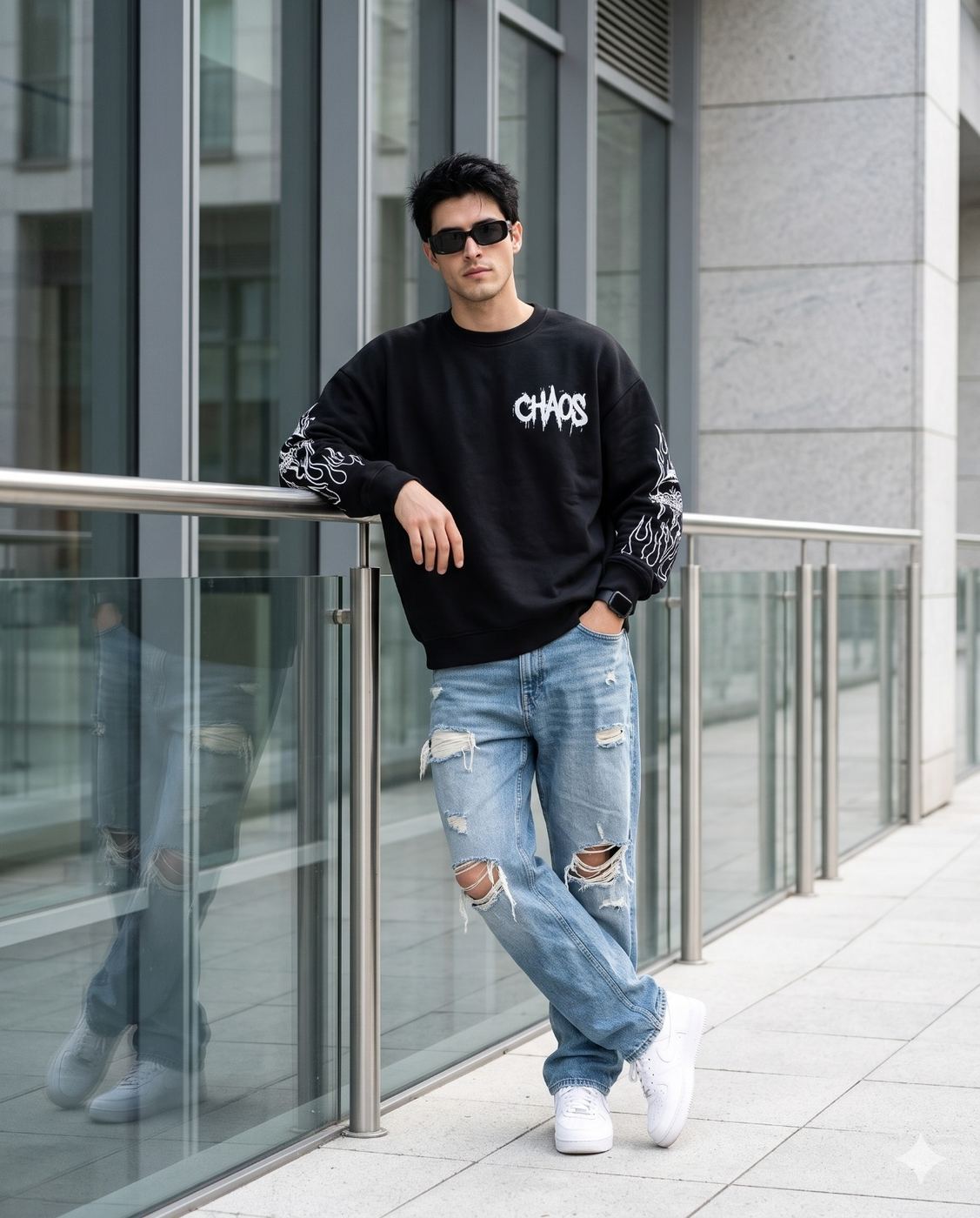 Urban Streetwear Fashion Portrait AI Photo Editing Prompt. AI generated outdoor portrait of a stylish young man wearing a black "CHAOS" sweatshirt, ripped jeans, and sunglasses leaning against a glass railing in a modern city setting.