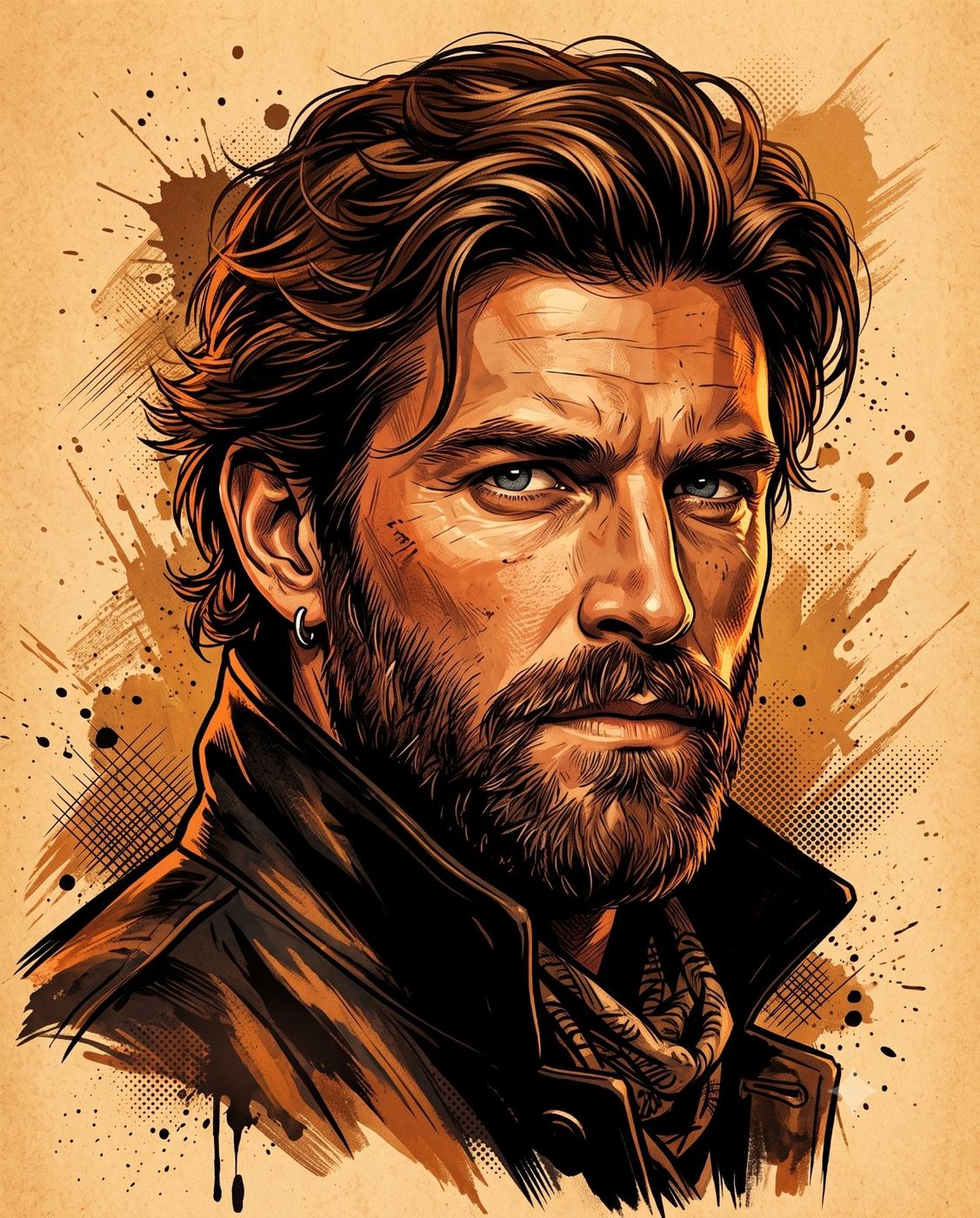 Rugged Man in Comic Style Illustration AI Photo Editing Prompt. AI generated digital illustration of a handsome, bearded man with messy hair and a leather jacket in a vintage graphic novel style.