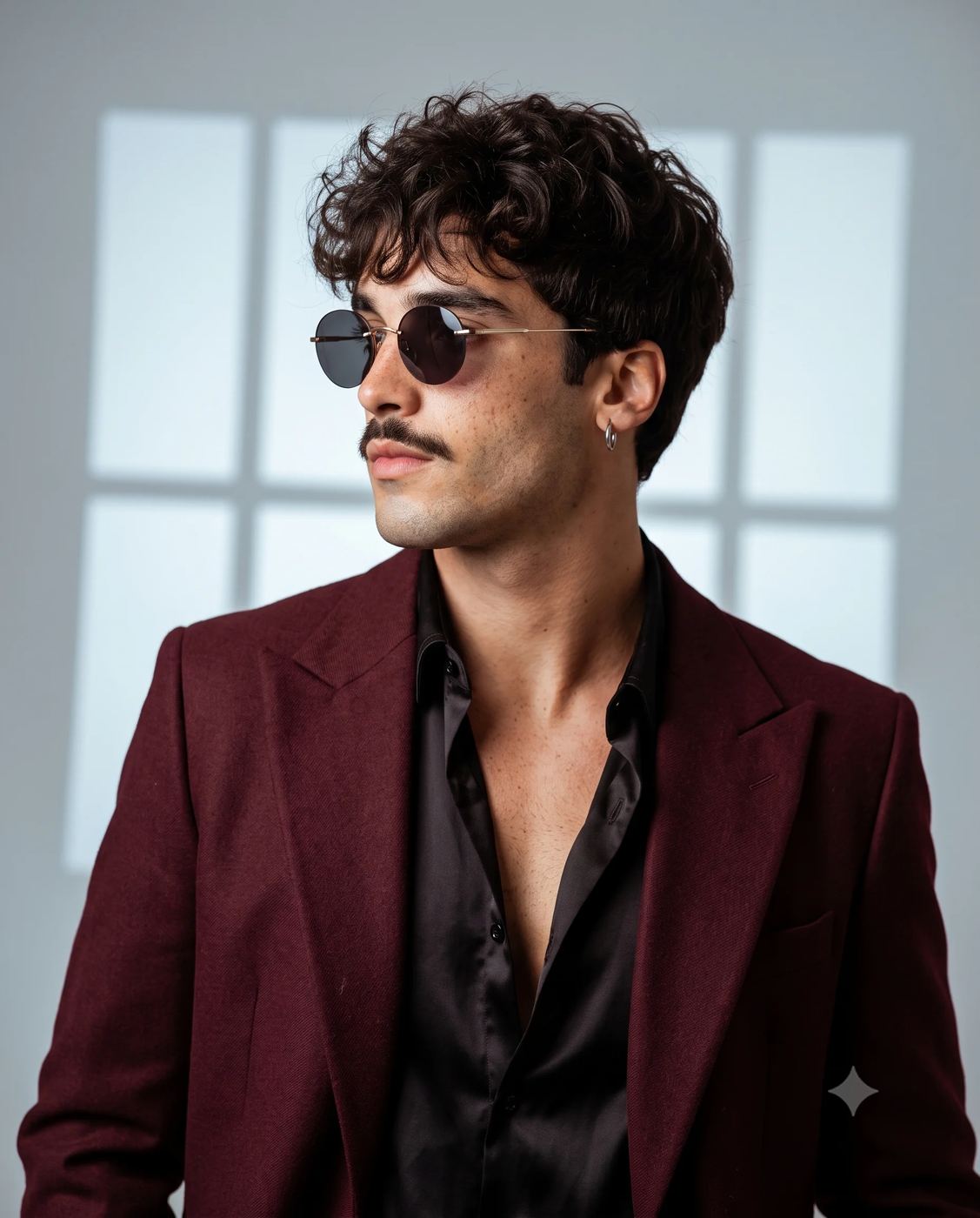 Maroon Blazer Sunglasses Portrait AI Photo Editing Prompt. AI generated fashion portrait of a stylish young man posing in a black satin shirt and maroon blazer with round tinted sunglasses.