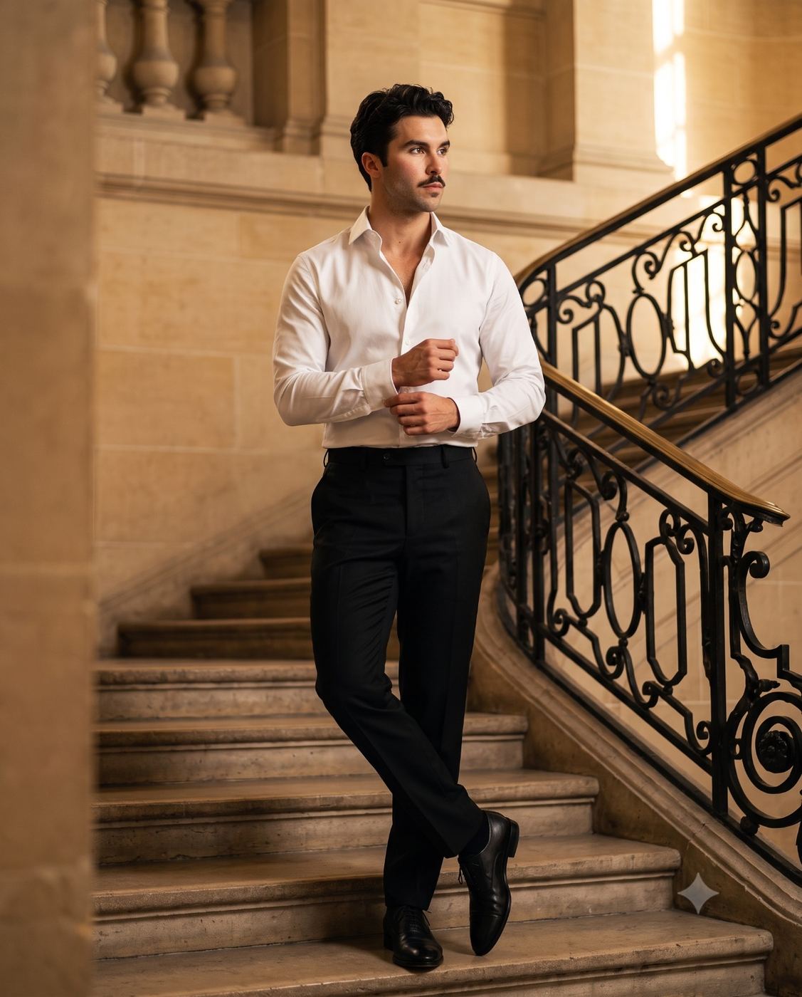 Stylish Man on Ornate Staircase Fashion Portrait AI Photo Editing Prompt. AI generated portrait of a stylish man with a mustache in a white shirt and black trousers adjusting his cuffs on a grand stone staircase with ornate railings.