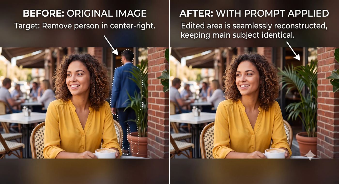 Before and after of seamless object removal using AI prompt