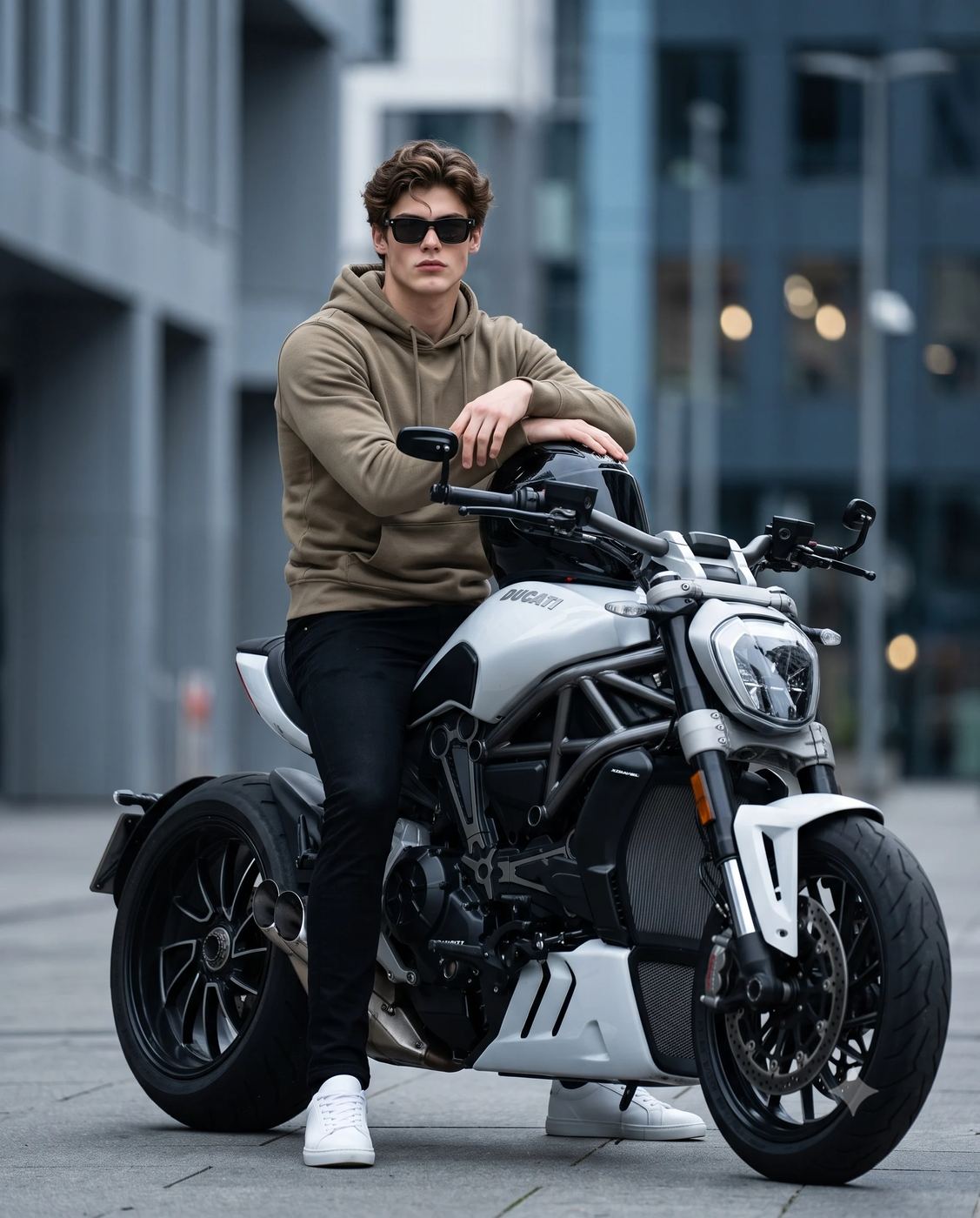 Ai generated image of a Man sits on Ducati XDiavel V4 motorcycle