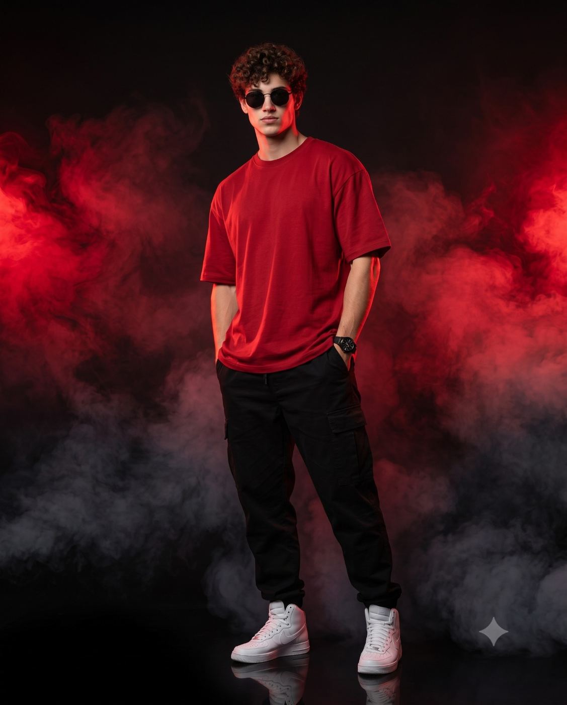 Cinematic streetwear portrait of a young man in a red t-shirt and sunglasses surrounded by smoke AI Photo Editing Prompt. AI generated fashion portrait of a stylish curly-haired boy standing in black cargo pants and white sneakers against a dark background with dramatic red and grey fog.