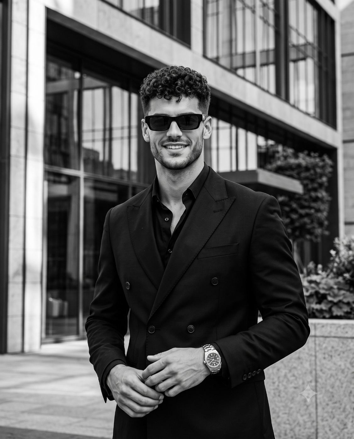 Black and white street portrait of a man in a suit and sunglasses AI Photo Editing Prompt. AI generated portrait photography of a handsome smiling man with curly hair wearing a double-breasted jacket and watch against a modern city background.