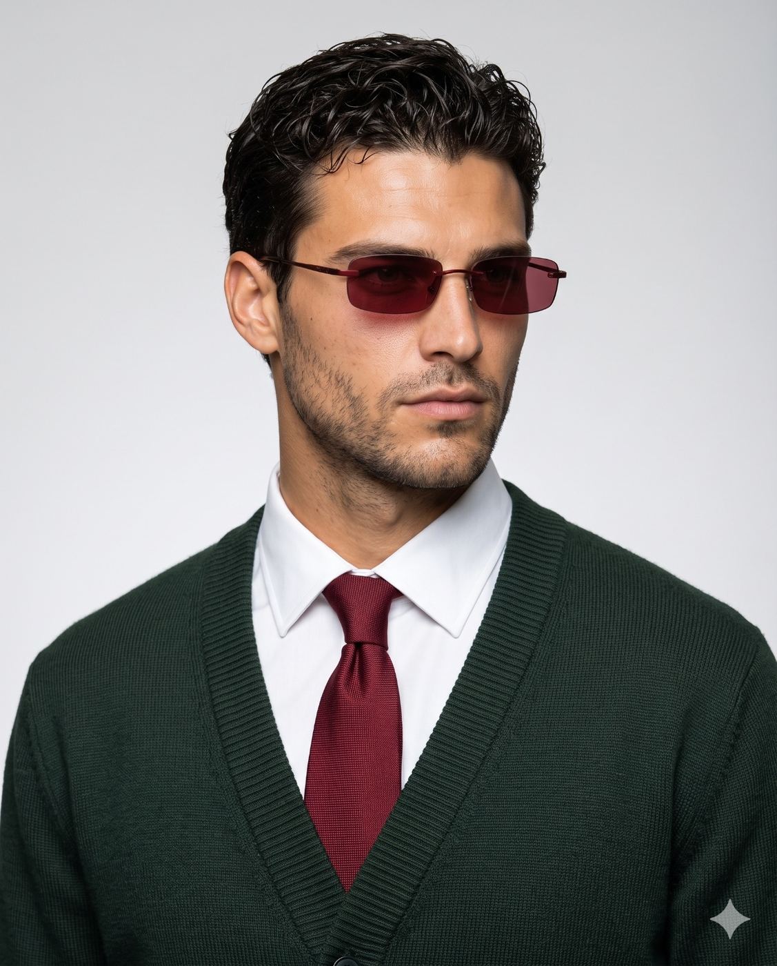Stylish Man in Green Cardigan AI Photo Editing Prompt. AI generated studio portrait of a sophisticated man wearing red tinted sunglasses, a white collared shirt with a red tie, and a dark green knit cardigan.