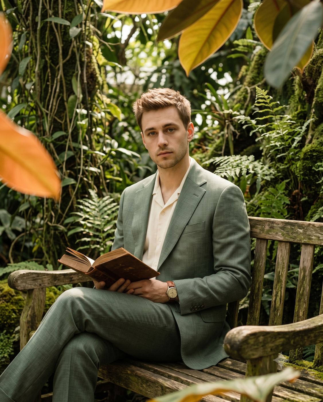 Man in Green Suit Reading Book in Botanical Garden Cinematic Portrait AI Photo Editing Prompt. AI generated cinematic portrait photography of a handsome young man in a green suit sitting on a wooden bench in a lush green jungle holding an open vintage book.