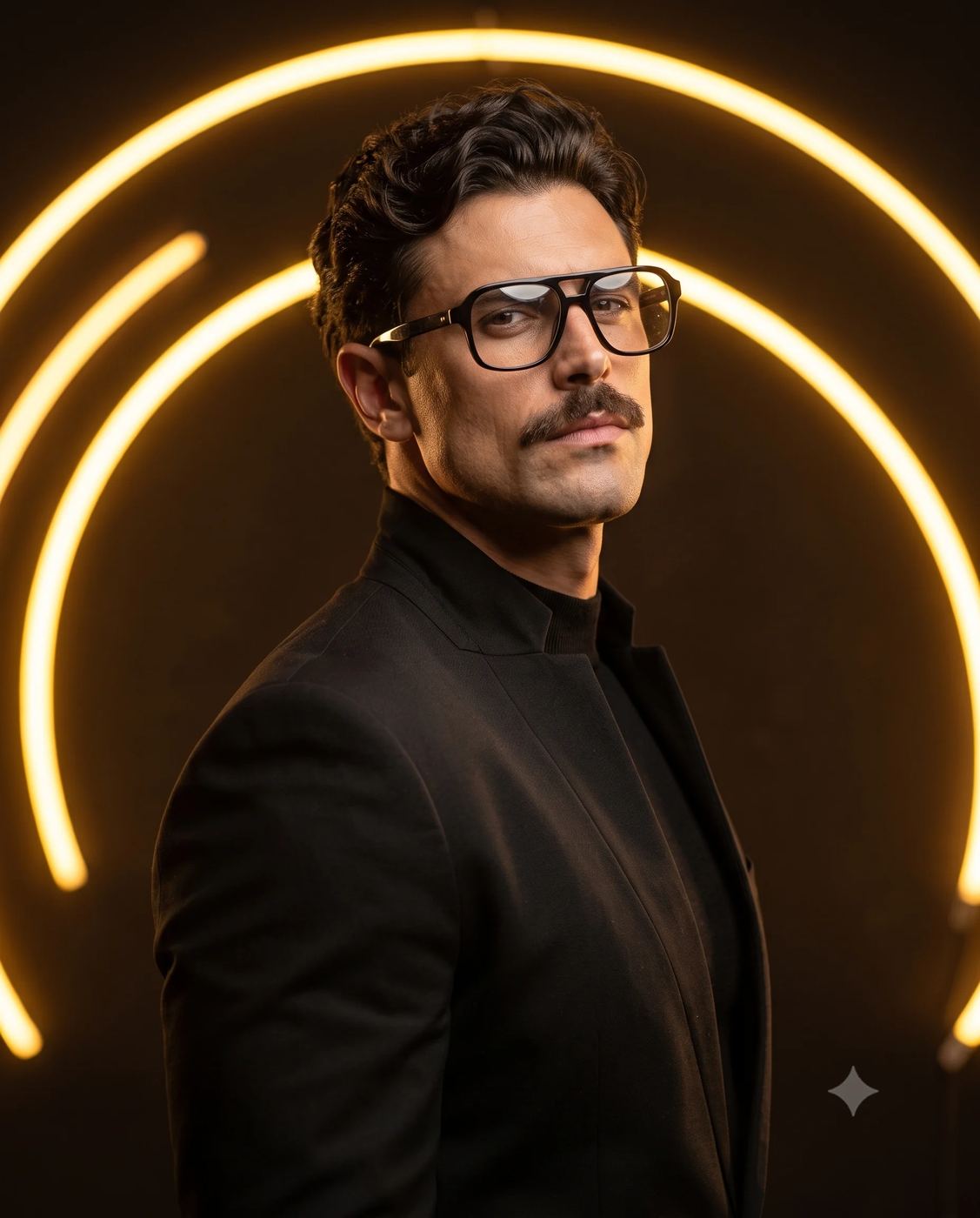 AI Photo Editing Prompt: Handsome man with dark wavy hair and a mustache wearing thick clear-framed glasses and a black blazer, framed by glowing golden neon circles.
