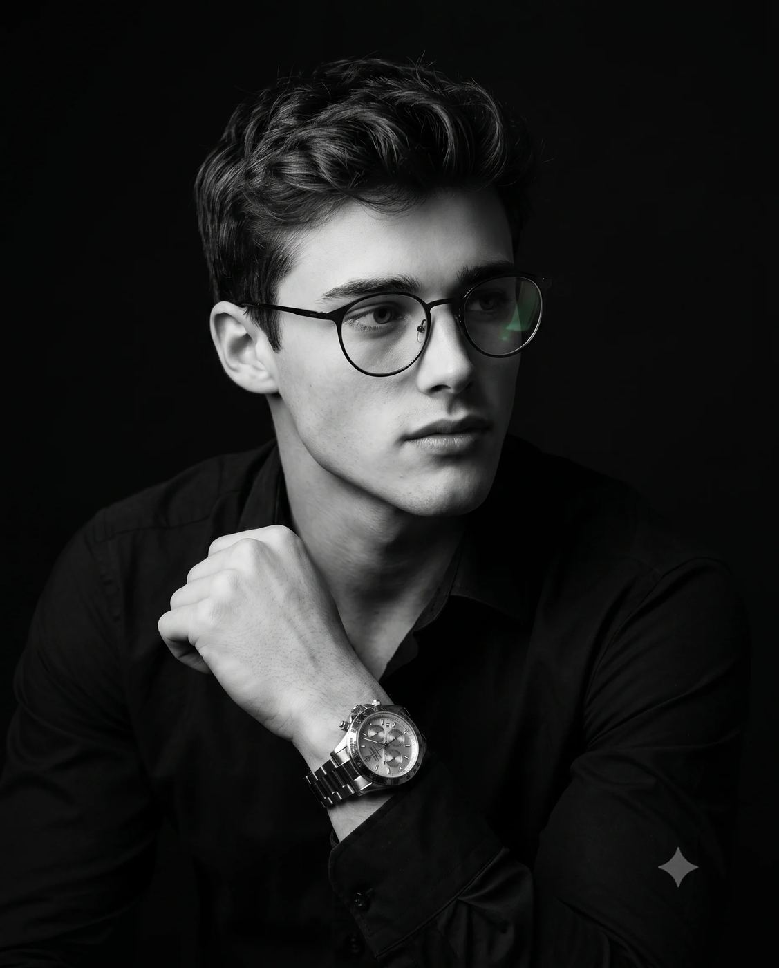 Black & White Man AI Photo Editing Prompt. AI-generated monochrome studio portrait of a young man wearing round glasses, a dark shirt, and a metallic wristwatch.