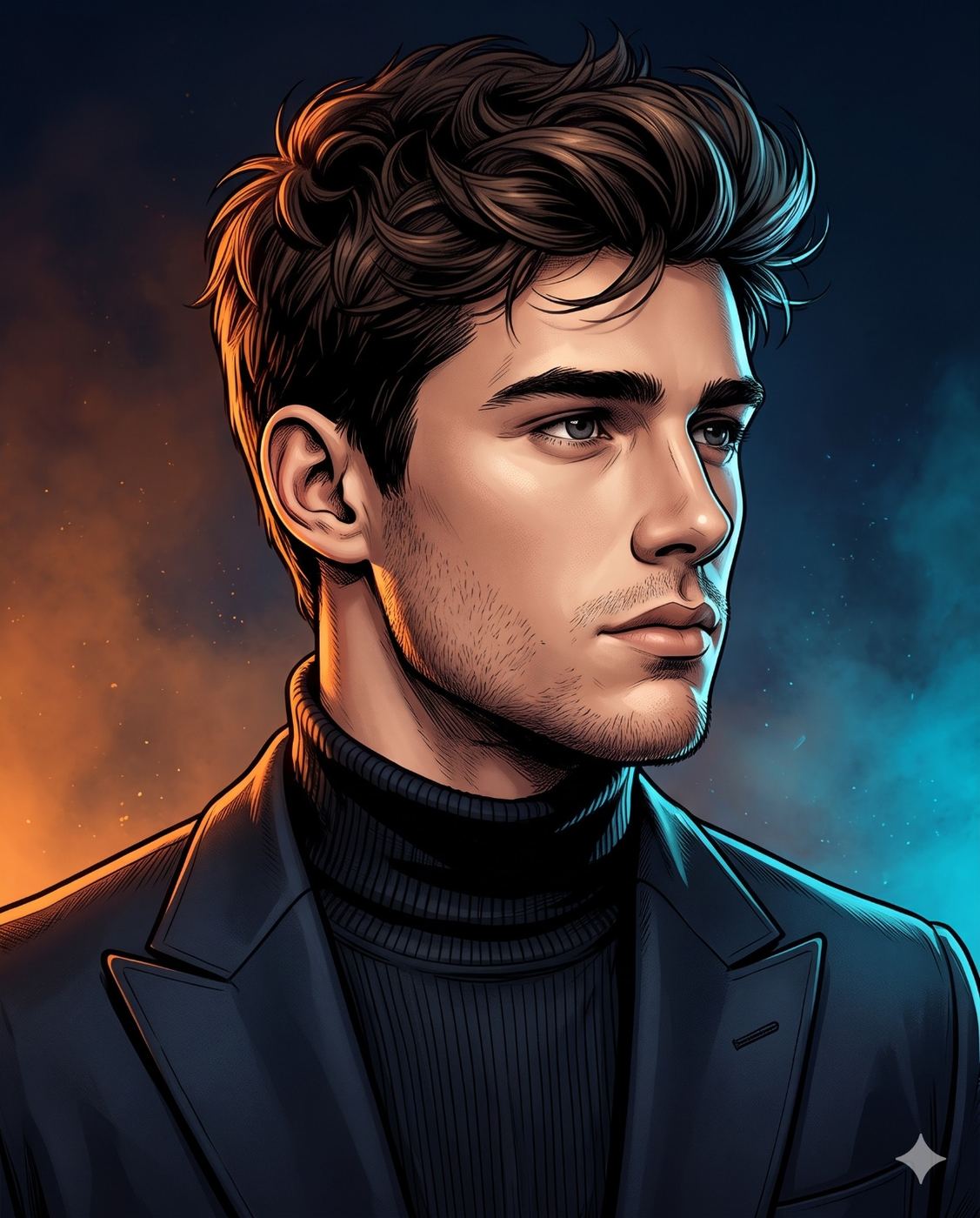 Handsome Man Digital Art AI Photo Editing Prompt. AI generated digital illustration of a stylish handsome man with wavy hair wearing a black turtleneck and blazer against a smoky blue and orange background.