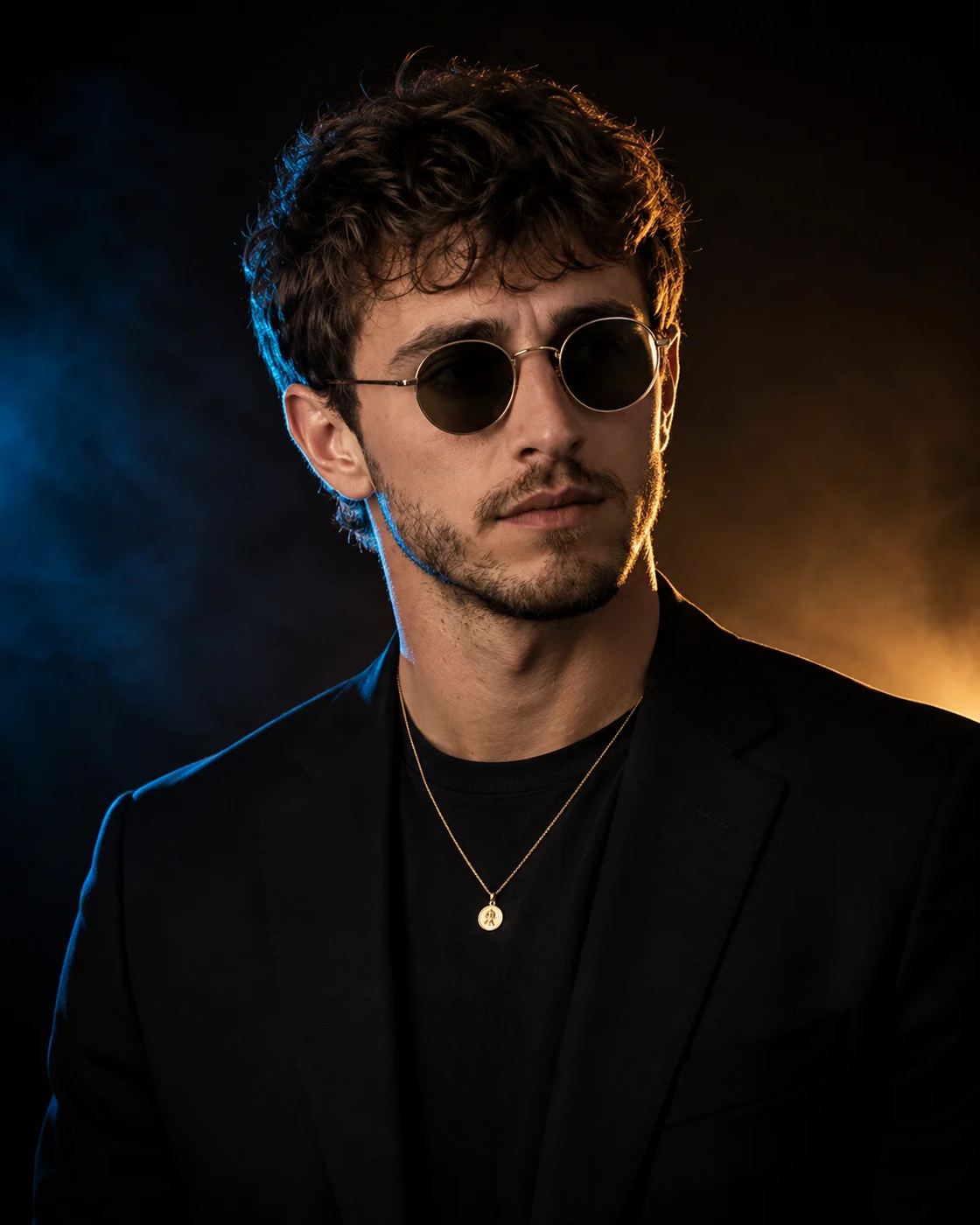 ChatGPT AI generated cinematic portrait of a bearded man with wavy hair looking sideways, wearing gold-framed sunglasses and a black suit under smoky dual-tone lighting.