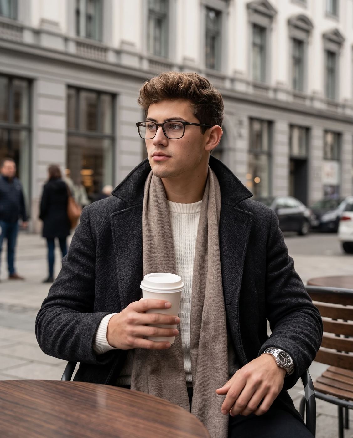 Urban Lifestyle Photography AI Photo Editing Prompt. AI generated portrait of a young man in glasses and a winter coat holding a coffee cup at an outdoor city cafe.