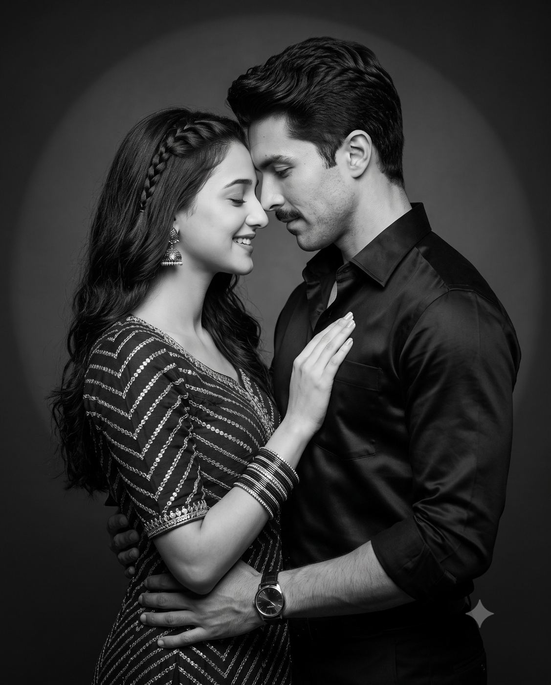 Indian Couple Black and White Studio Portrait of embracing Couple AI Photo Editing Prompt. AI generated studio portrait of a tenderly embracing South Asian couple with foreheads touching and soft smiles.