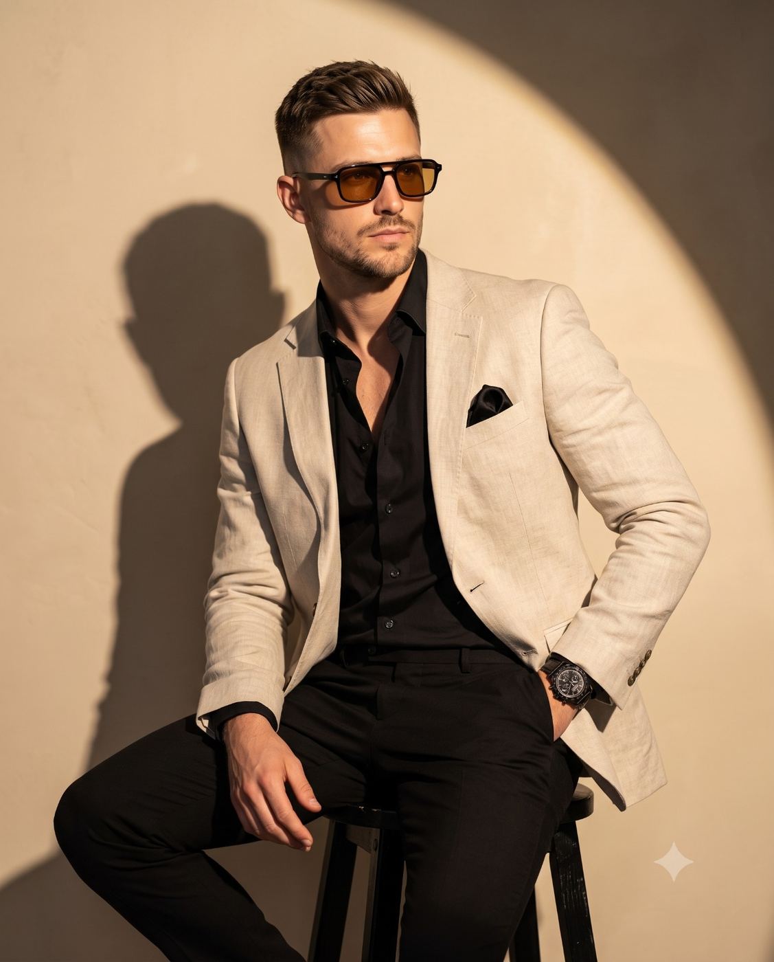 Cinematic studio fashion portrait of a stylish man in a beige blazer and sunglasses AI Photo Editing Prompt. AI generated fashion portrait of a handsome man sitting on a stool under a dramatic circular spotlight, wearing a black shirt, black trousers, and amber glasses.