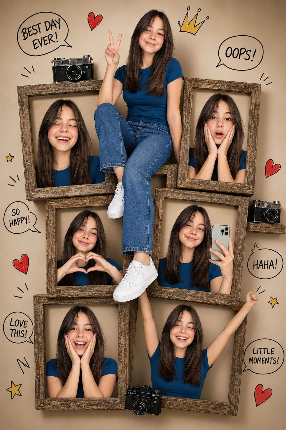 Scrapbook Collage Girl In Wooden Frames AI Photo Editing Prompt. AI generated photo collage of a teenage girl sitting on stacked frames featuring her multiple expressions and doodle art.