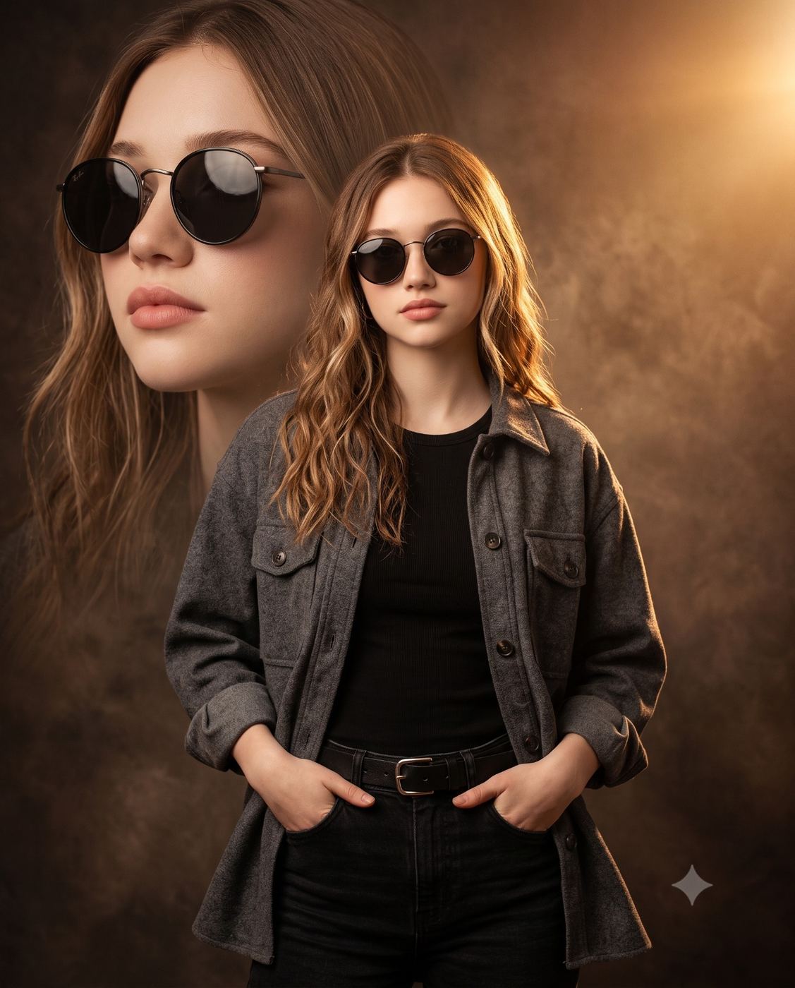Double Exposure Portrait of Woman in Sunglasses AI Photo Editing Prompt. AI generated cinematic composite portrait of a stylish young woman wearing round sunglasses and a grey jacket, featuring a large faded close-up of her face against a moody textured background.