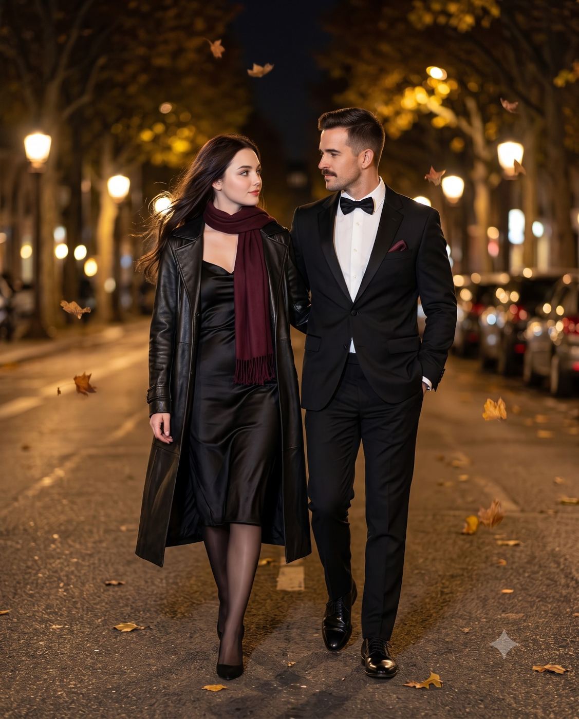 Elegant Couple in Autumn Street Cinematic Portrait AI Photo Editing Prompt. AI generated cinematic photograph of a stylish man in a tuxedo and a woman in a black leather coat walking among falling autumn leaves.