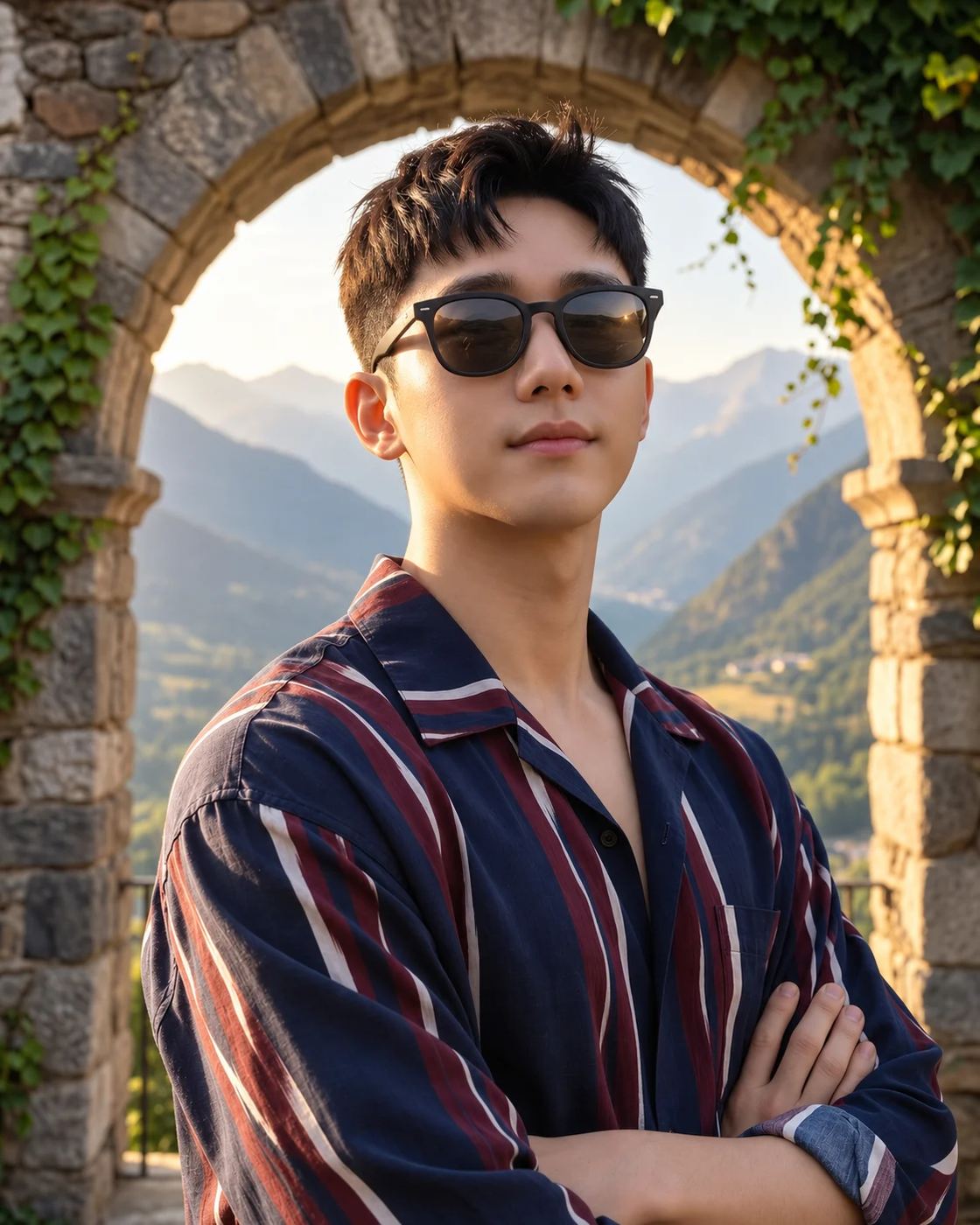 AI Photo Editing Prompt: Photorealistic travel photo of a confident young man wearing black sunglasses and a patterned shirt with arms crossed, standing near an ancient stone archway with a mountain valley background during golden hour.