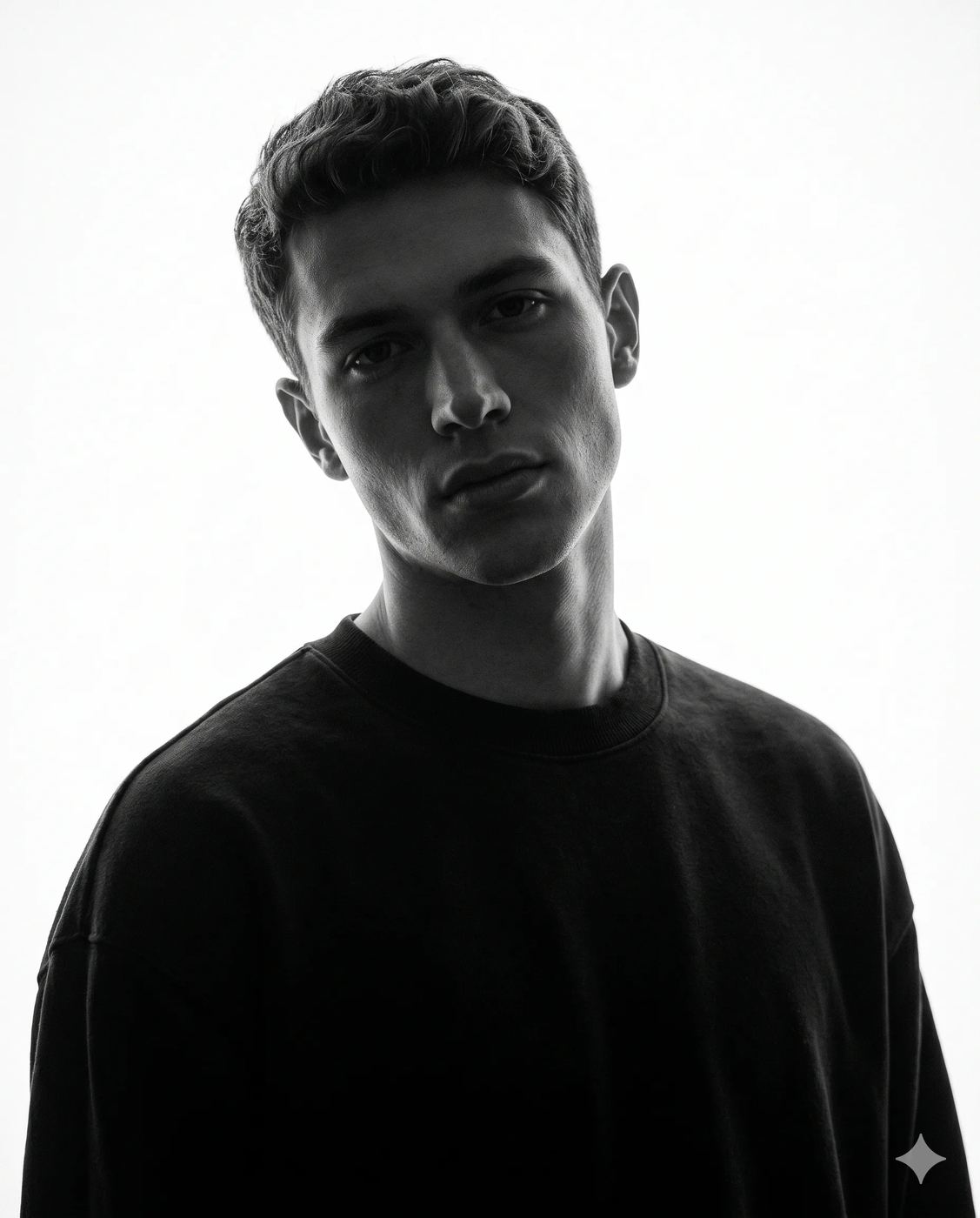 Monochromatic Backlit Male Portrait AI Photo Editing Prompt. AI generated black and white studio portrait of a young man in a dark crewneck featuring dramatic silhouette lighting.