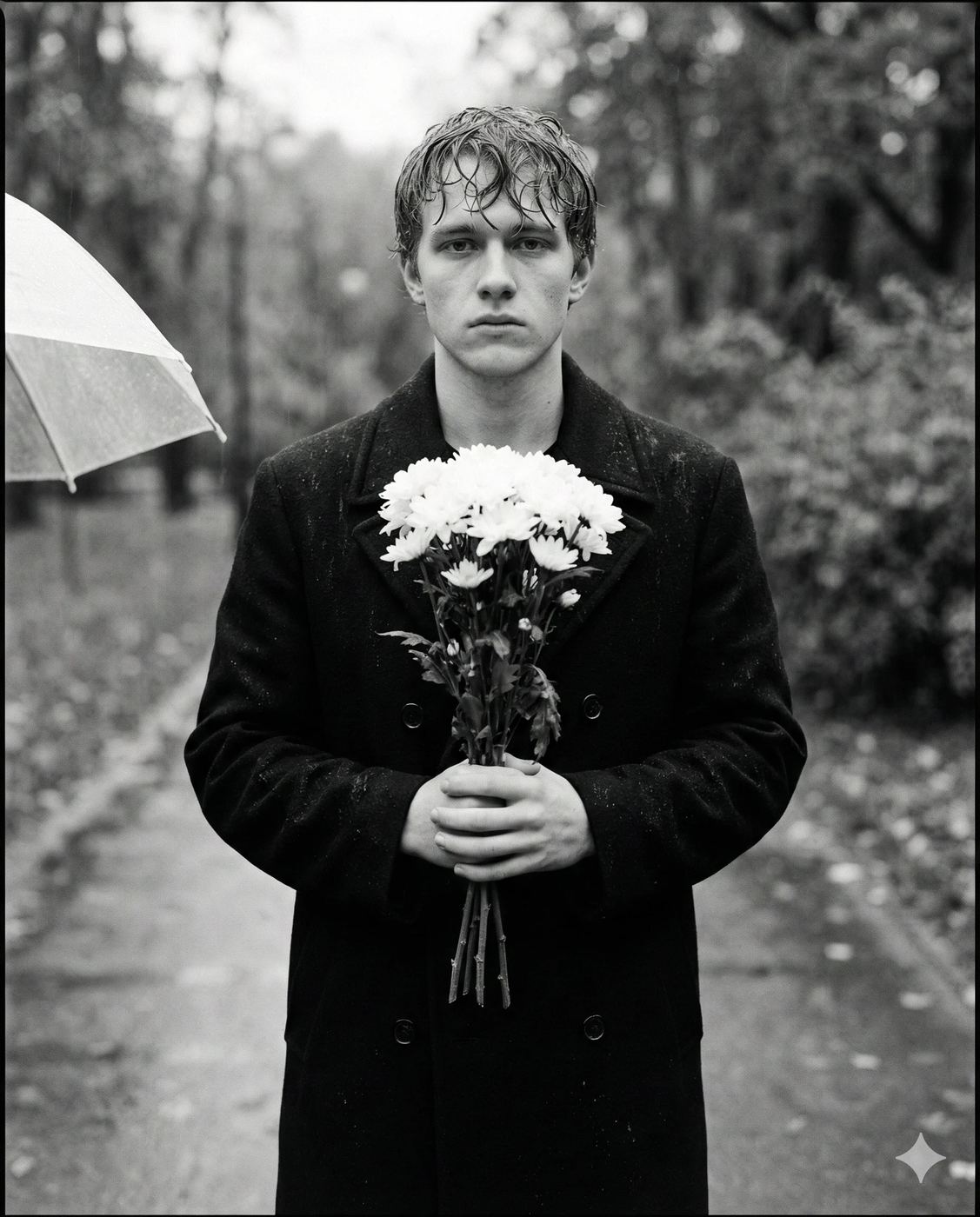 Man with White Flowers in Rain AI Photo Editing Prompt. AI generated black and white portrait of a somber young man with wet hair holding a bouquet of white flowers in a rainy park.