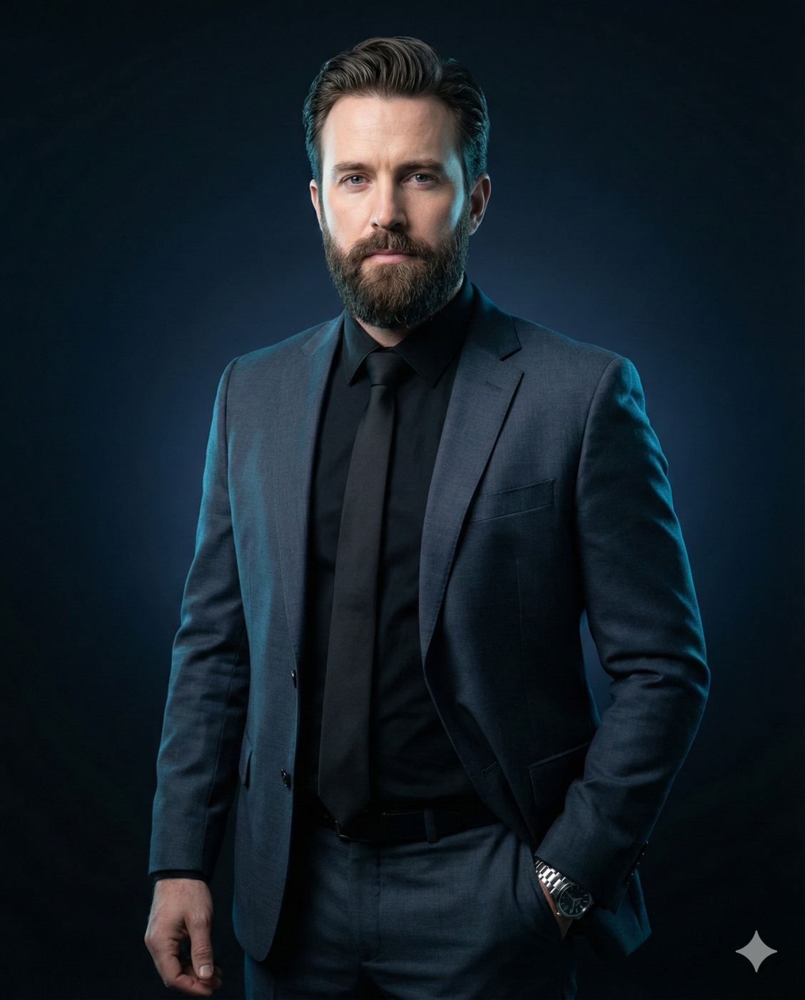 A cinematic portrait of a bearded man in a charcoal suit and black tie, featuring dramatic blue rim lighting against a dark background.