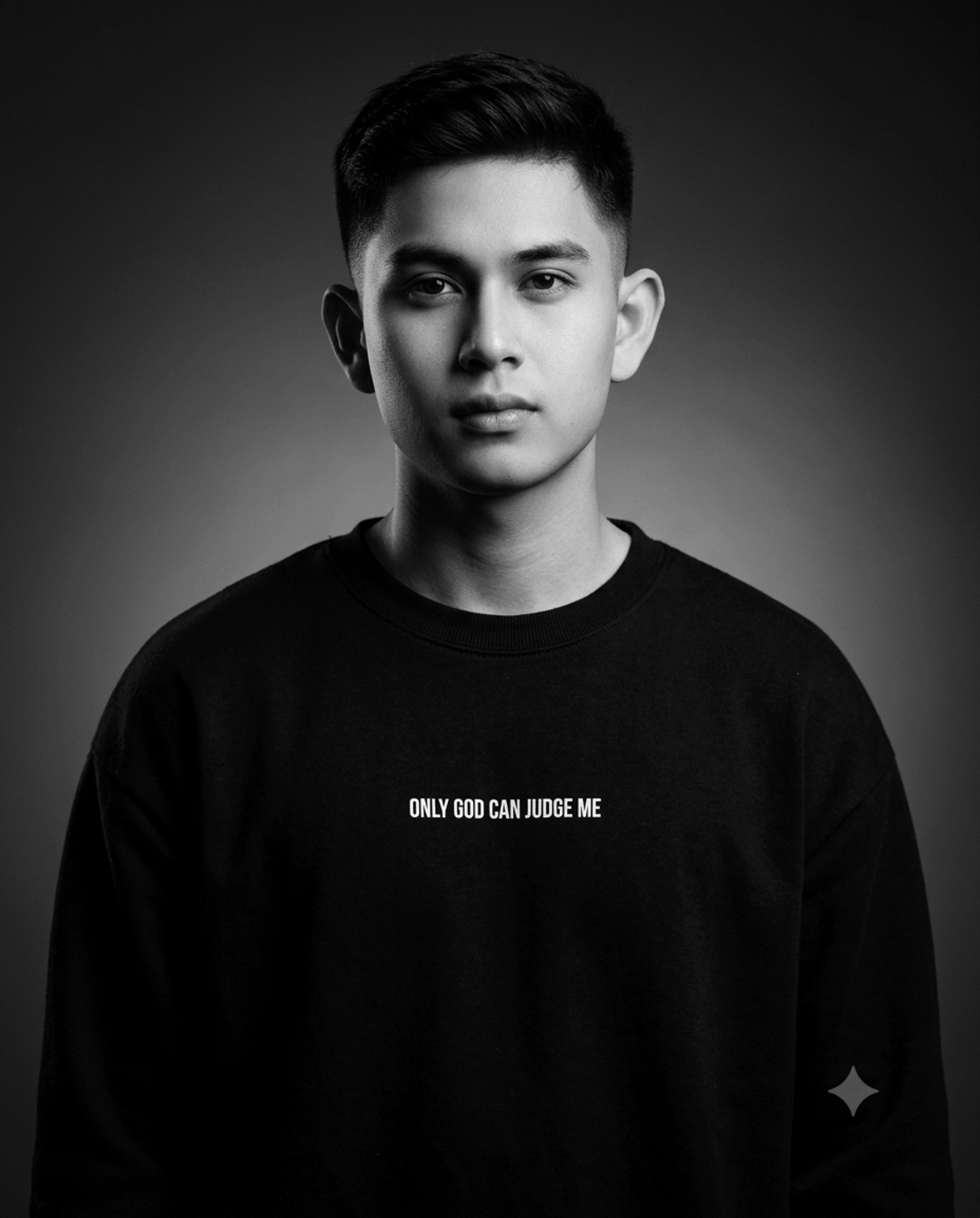 Black and White Studio Portrait AI Photo Editing Prompt. AI generated studio portrait of a boy wearing a black sweatshirt with the text 'ONLY GOD CAN JUDGE ME' printed in white, staring directly at the camera.