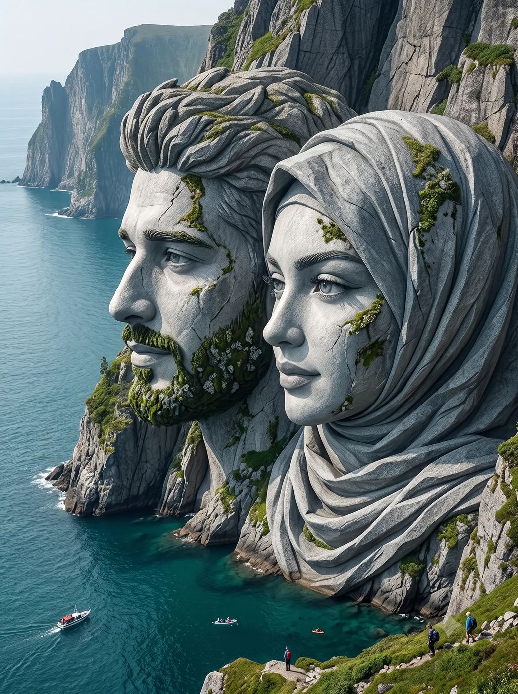 Epic Sea Cliff Carvings AI Photo Editing Prompt. An AI-generated digital illustration of a giant stone couple faces carved into a coastal cliff.