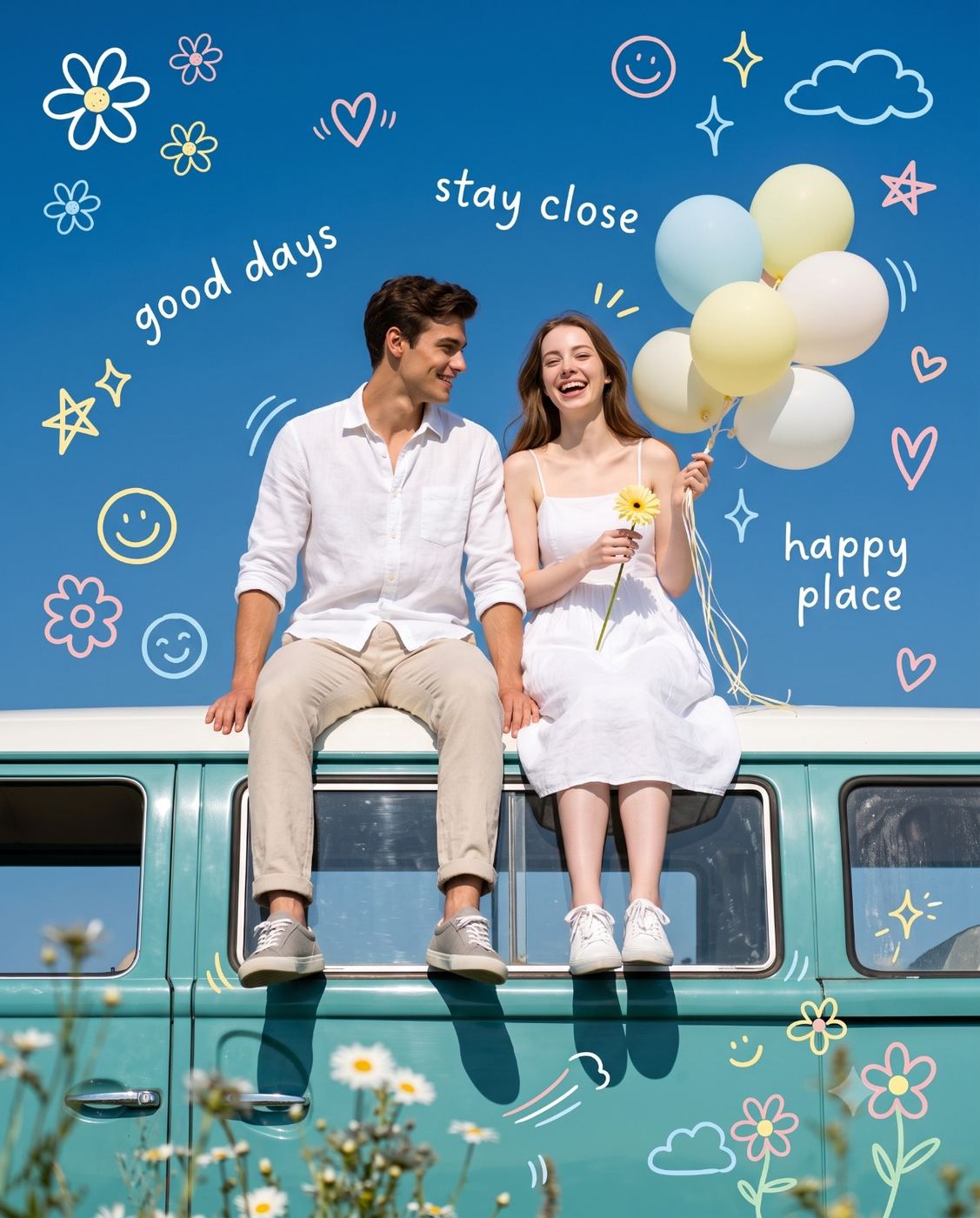 Happy Couple on a Vintage Teal Van with Playful Doodles AI Photo Editing Prompt. AI generated digital mixed-media illustration of a couple on a teal van roof with pastel balloons, daisies, and a sky full of hand-drawn hearts, stars, and playful text doodles.