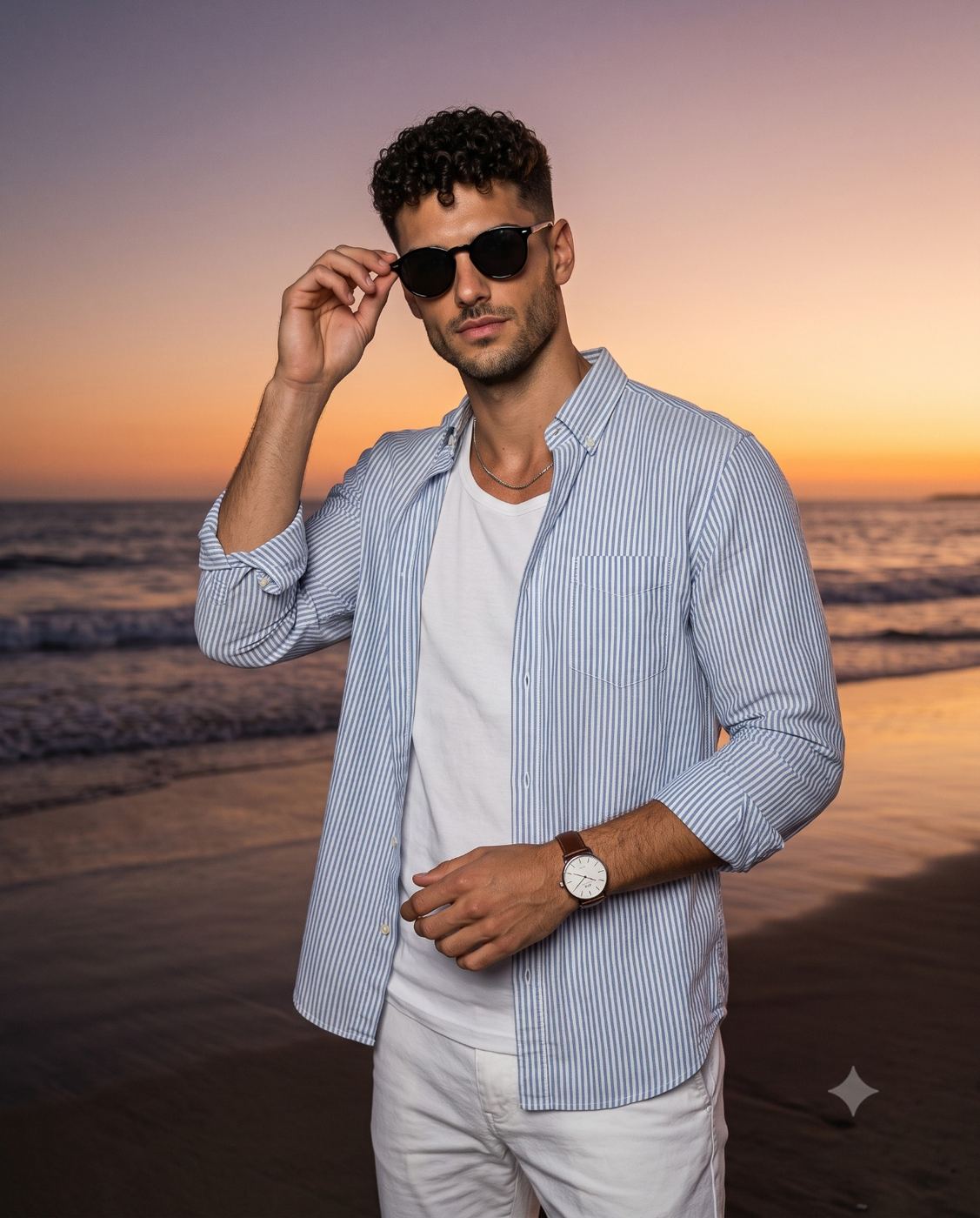 Stylish Man at Beach Sunset Fashion Portrait AI Photo Editing Prompt. AI generated lifestyle portrait of a handsome curly-haired man adjusting his sunglasses, wearing an open blue striped shirt over a white tee at a beach during sunset.