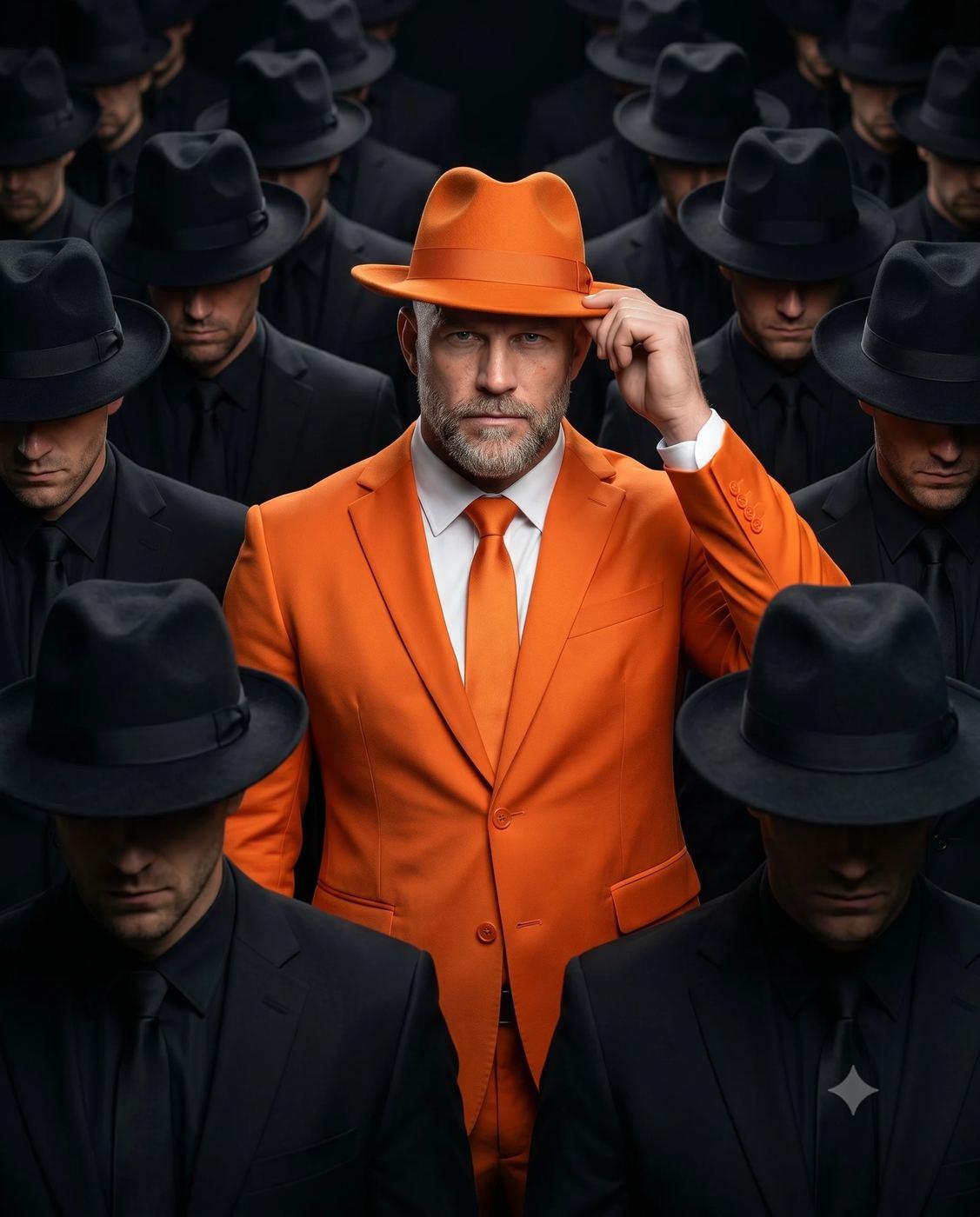 Man in Orange Suit Conceptual Portrait AI Photo Editing Prompt. AI generated cinematic portrait of a bearded man in a bright orange suit and fedora standing out in a dense crowd of identically dressed men in black suits and hats.