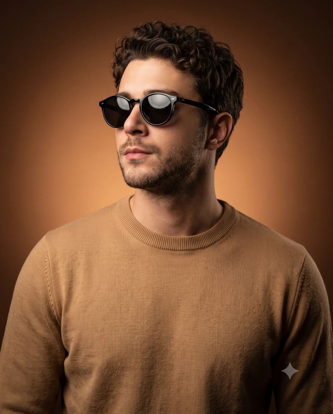 Studio Portrait Photography AI Prompt. AI generated studio portrait of a man wearing round black sunglasses and a beige knit sweater against a warm brown backdrop.