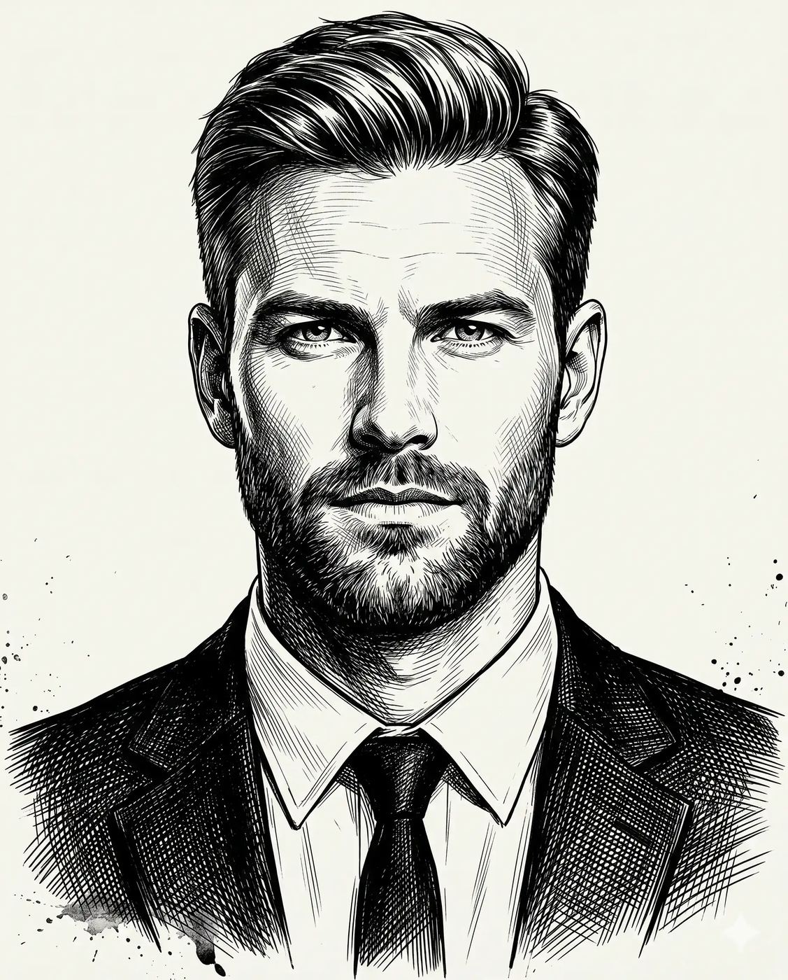 Man in Suit Sketch AI Photo Editing Prompt. AI generated digital illustration portrait of a handsome bearded man wearing a sharp suit and tie in detailed black and white line art.