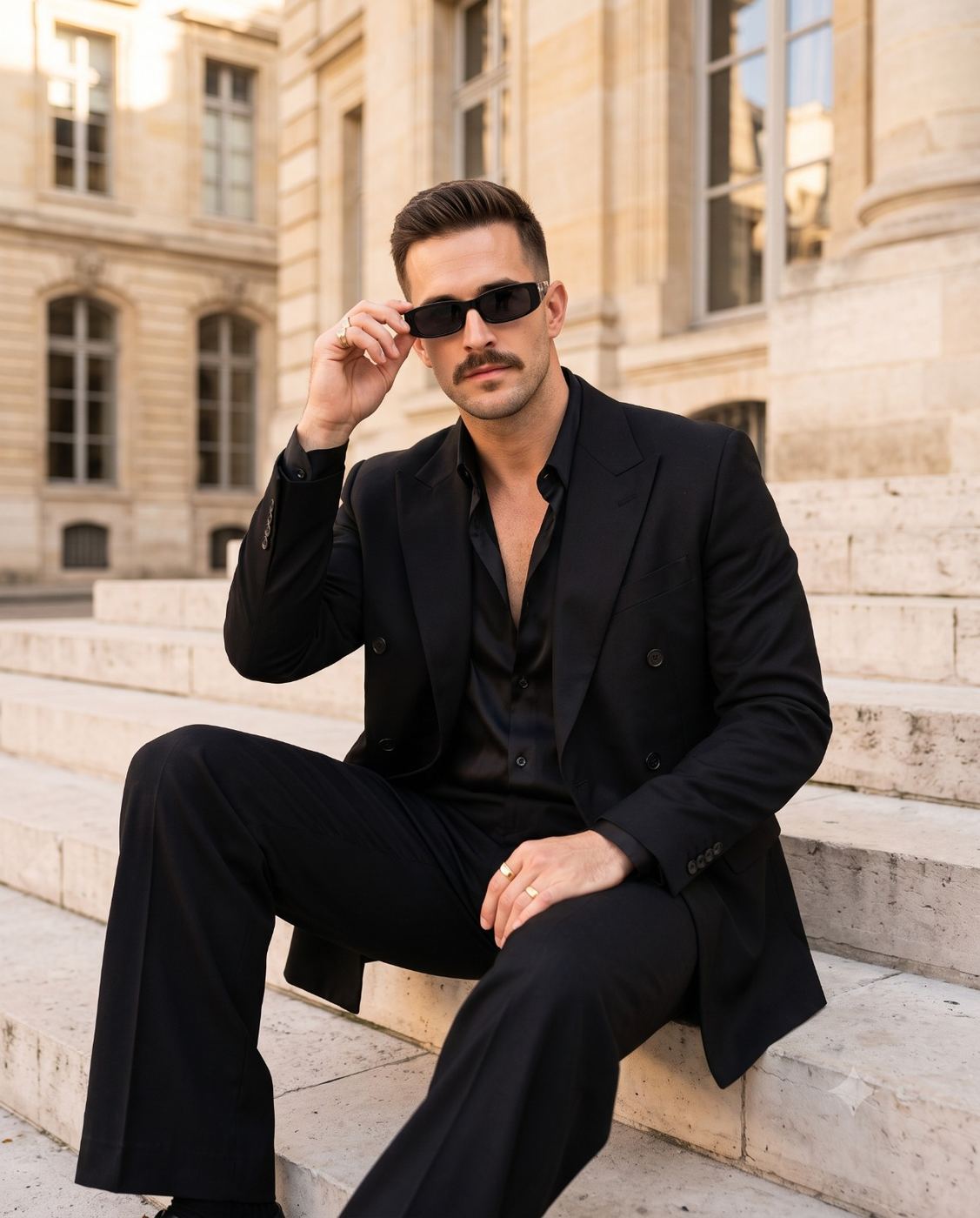 Stylish man in black suit sitting on steps AI Photo Editing Prompt. AI generated fashion portrait of a handsome man with a mustache adjusting his sunglasses while sitting on stone steps in an all-black suit.