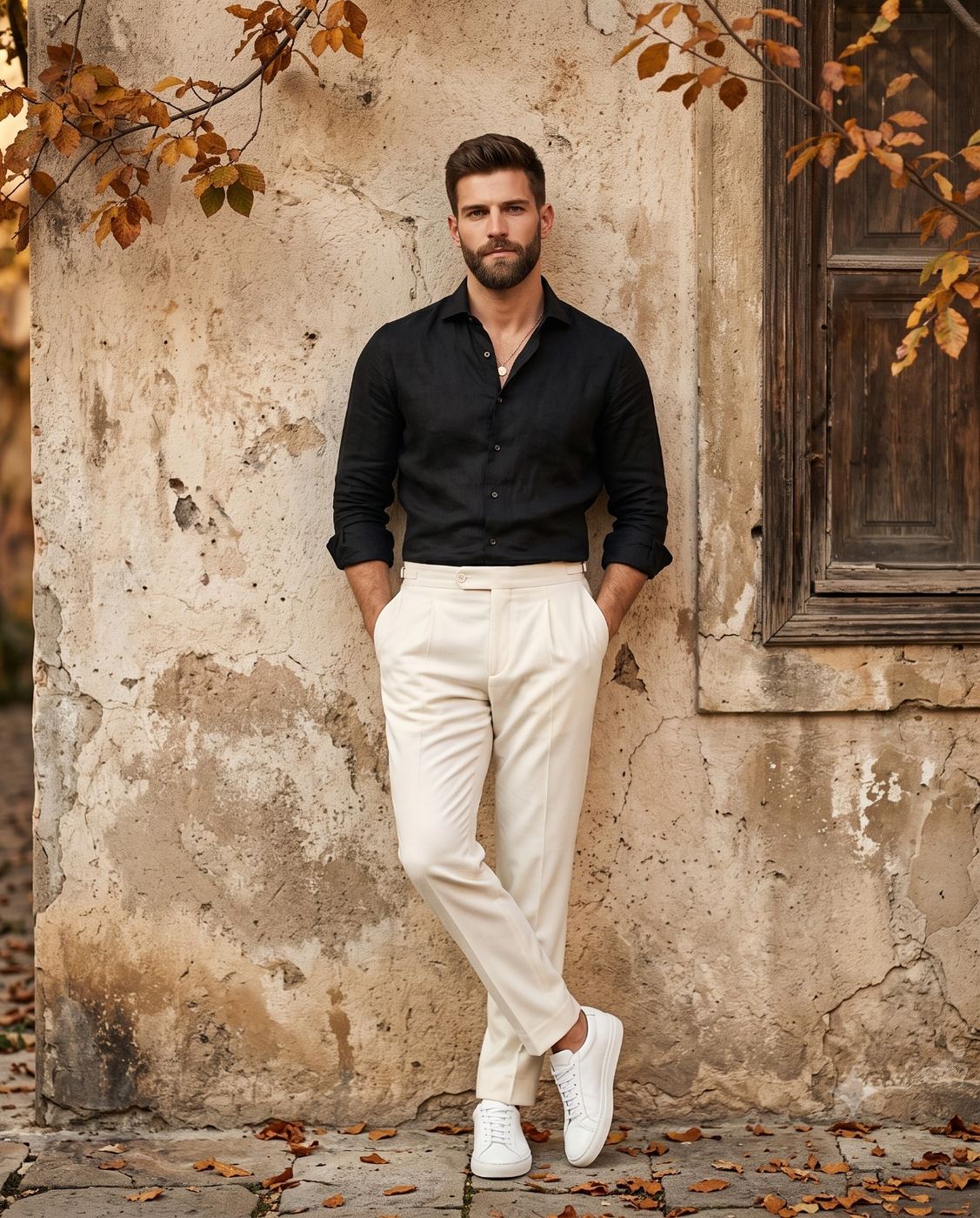 Bearded Man in Black Shirt Against Rustic Wall AI Photo Editing Prompt. AI generated autumn fashion portrait of a bearded man wearing a black linen shirt and cream trousers, leaning against a weathered stucco wall surrounded by fall leaves.