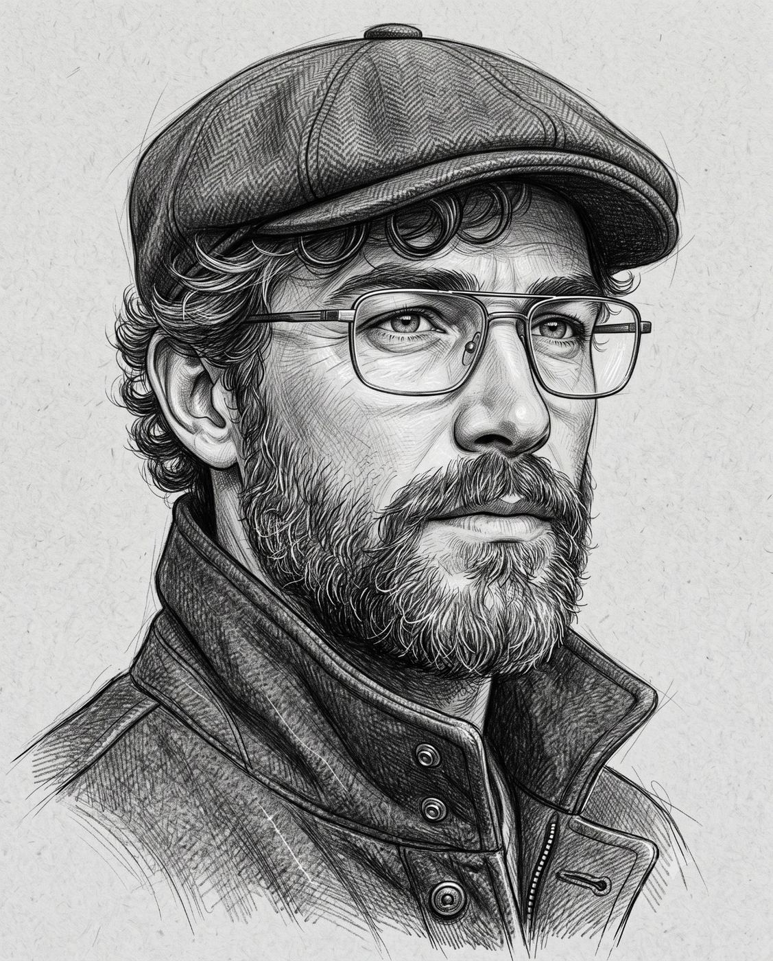Bearded man in flat cap and glasses pencil sketch AI Photo Editing Prompt. AI generated pencil illustration of a rugged bearded man wearing a newsboy cap, spectacles, and a heavy collared jacket drawn in a detailed, realistic graphite style.