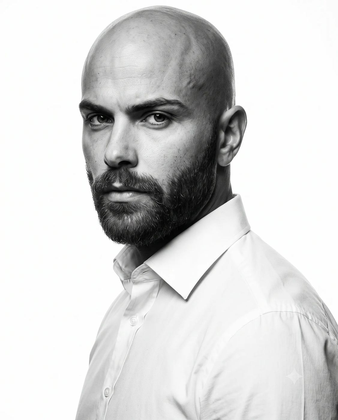 High-Contrast Monochrome Portrait AI Photo Editing Prompt. AI generated high-resolution studio portrait of a bald man with a full beard and intense gaze wearing a crisp white shirt.