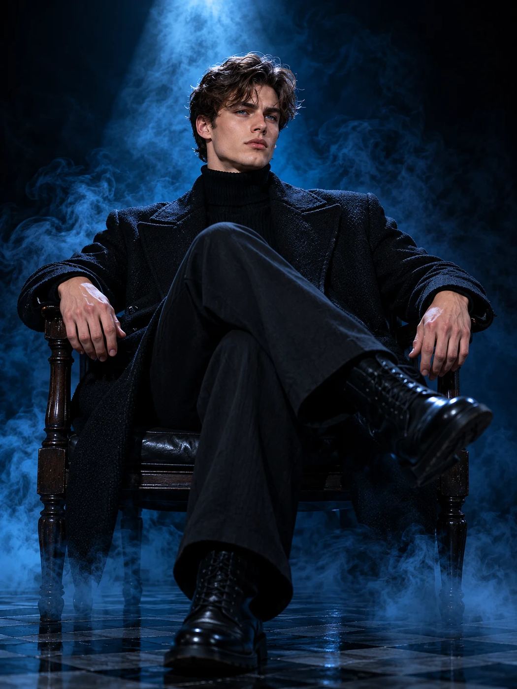 AI Photo Editing Prompt: Dramatic low-angle studio shot of a stylish man resting in a classic wooden chair surrounded by thick blue tinted fog.