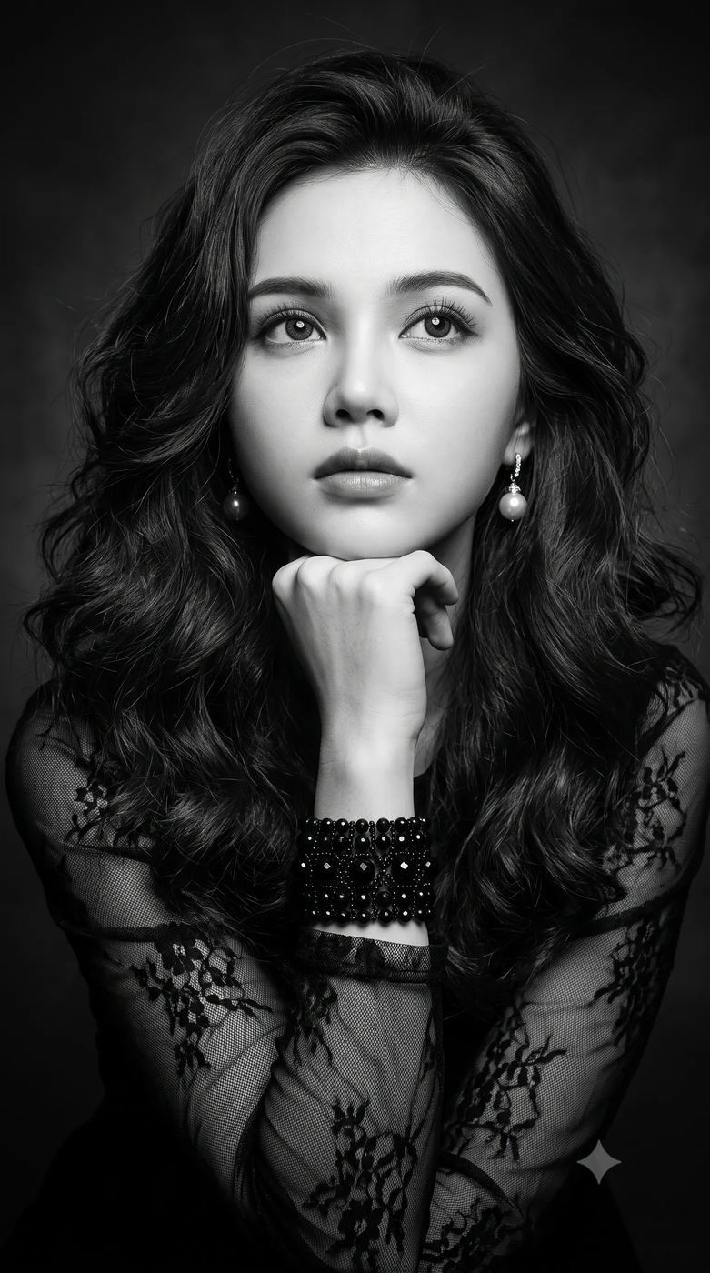 AI Photo Editing Prompt: Black and white studio portrait of a thoughtful woman with wavy hair and pearl earrings resting her chin on her hand.