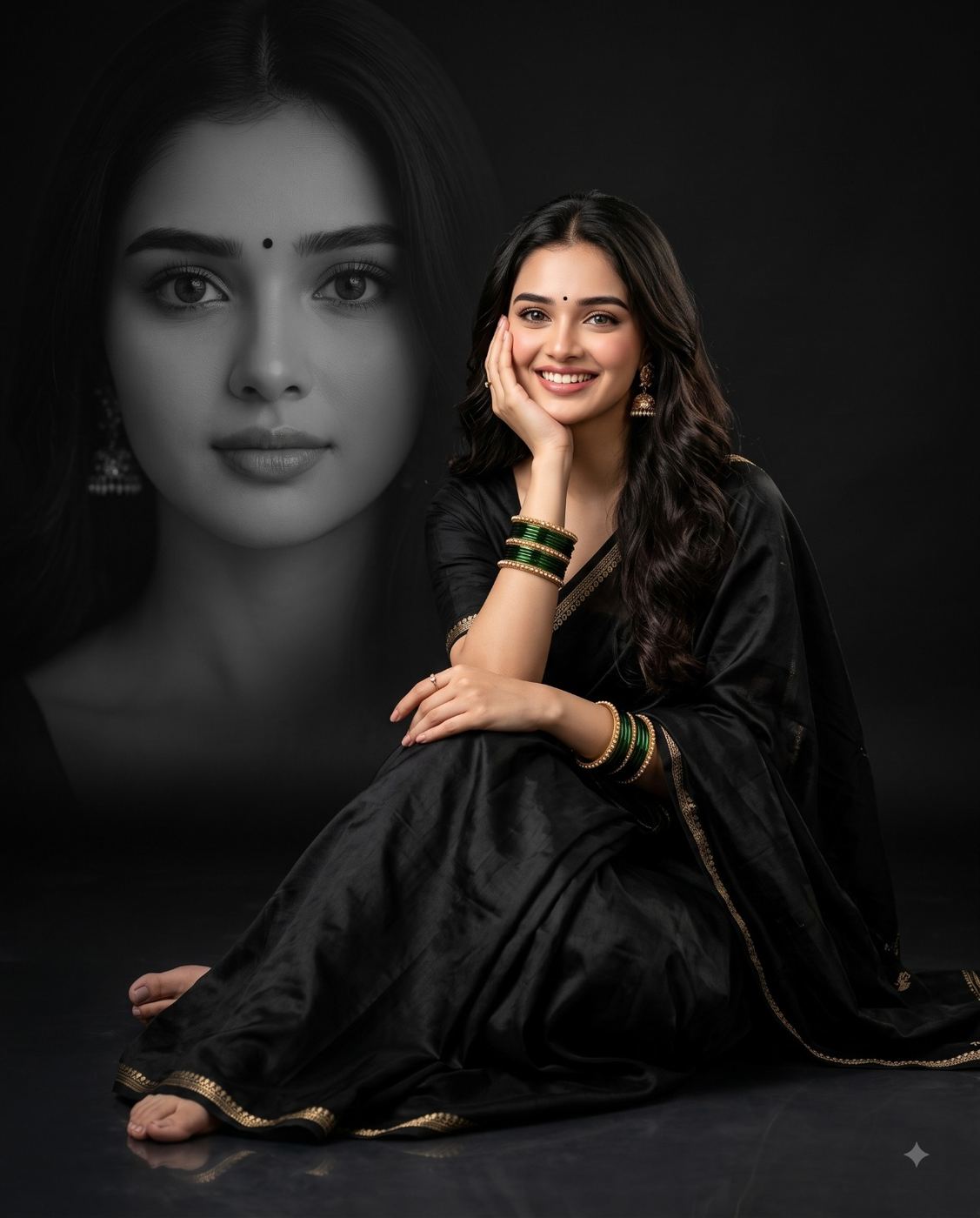 Indian Woman in Black Saree Double Exposure Portrait AI Photo Editing Prompt. AI generated studio portrait of a smiling woman in a black saree and green bangles sitting in front of a faded monochrome background face.