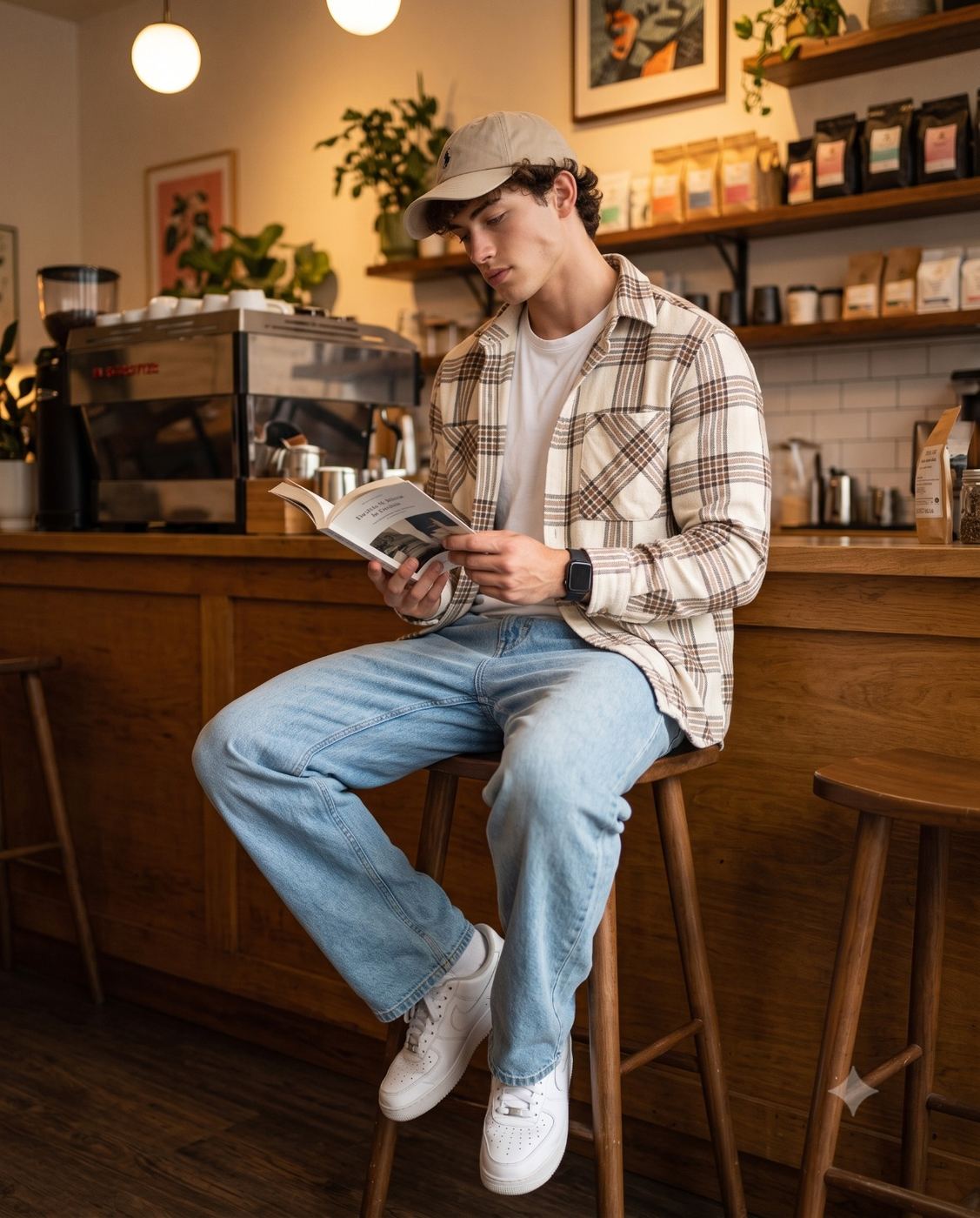Man Reading Book at Cozy Coffee Shop AI Photo Editing Prompt. AI generated lifestyle photo of a young man in a plaid shirt and cap sitting on a stool reading a book at a rustic coffee shop counter.