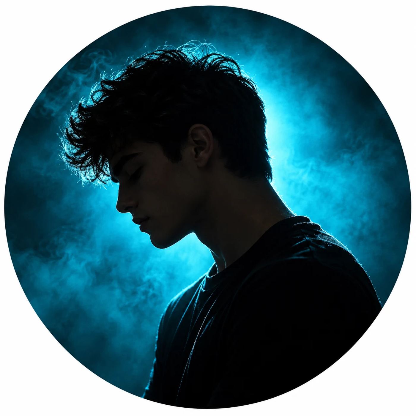 AI Photo Editing Prompt: Cinematic profile picture showing the silhouette of a boy with messy hair against soft teal volumetric smoke.