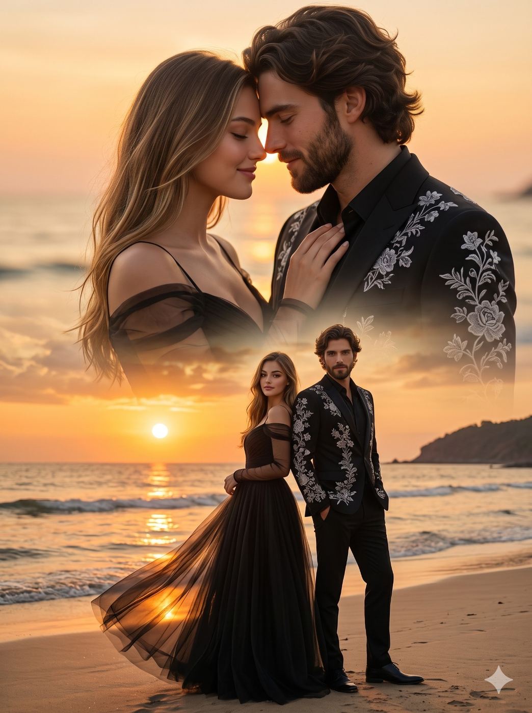 Romantic Couple Sunset Beach Double Exposure AI Photo Editing Prompt. AI generated double exposure art of an elegant couple in black outfits standing on a beach at sunset, with a close-up romantic portrait blended above them.
