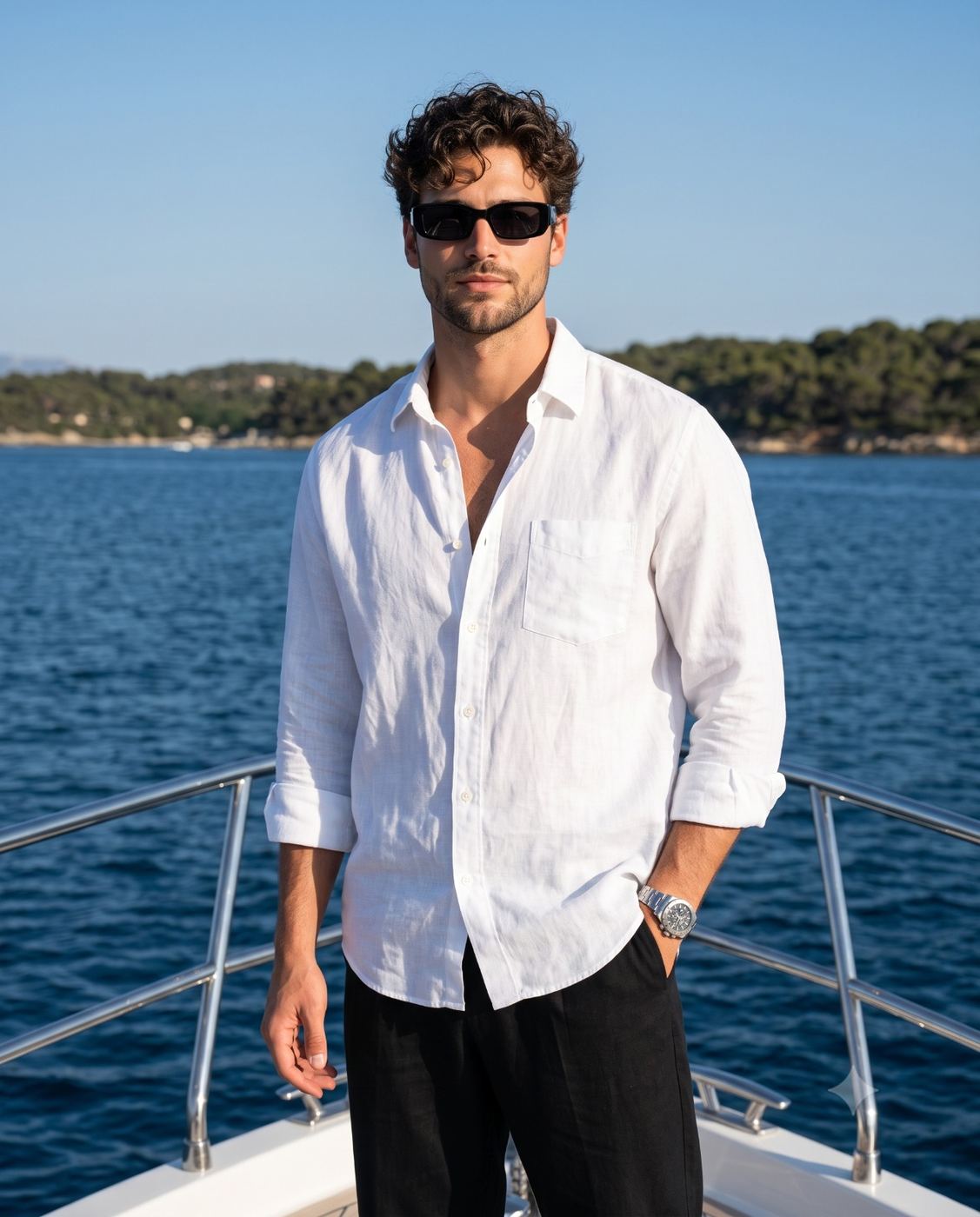 Handsome Man on Yacht in Summer Fashion AI Photo Editing Prompt. AI generated luxury lifestyle portrait of a handsome man with curly hair and sunglasses wearing a white linen shirt standing on a boat with an ocean background.