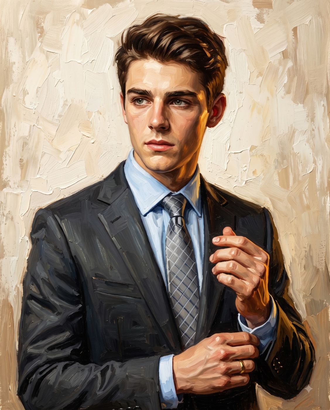 Young Man in Suit Oil Painting AI Photo Editing Prompt. AI generated impasto oil painting portrait of a handsome young man adjusting his cuffs in a dark suit, light blue shirt, and patterned tie against a textured beige background.