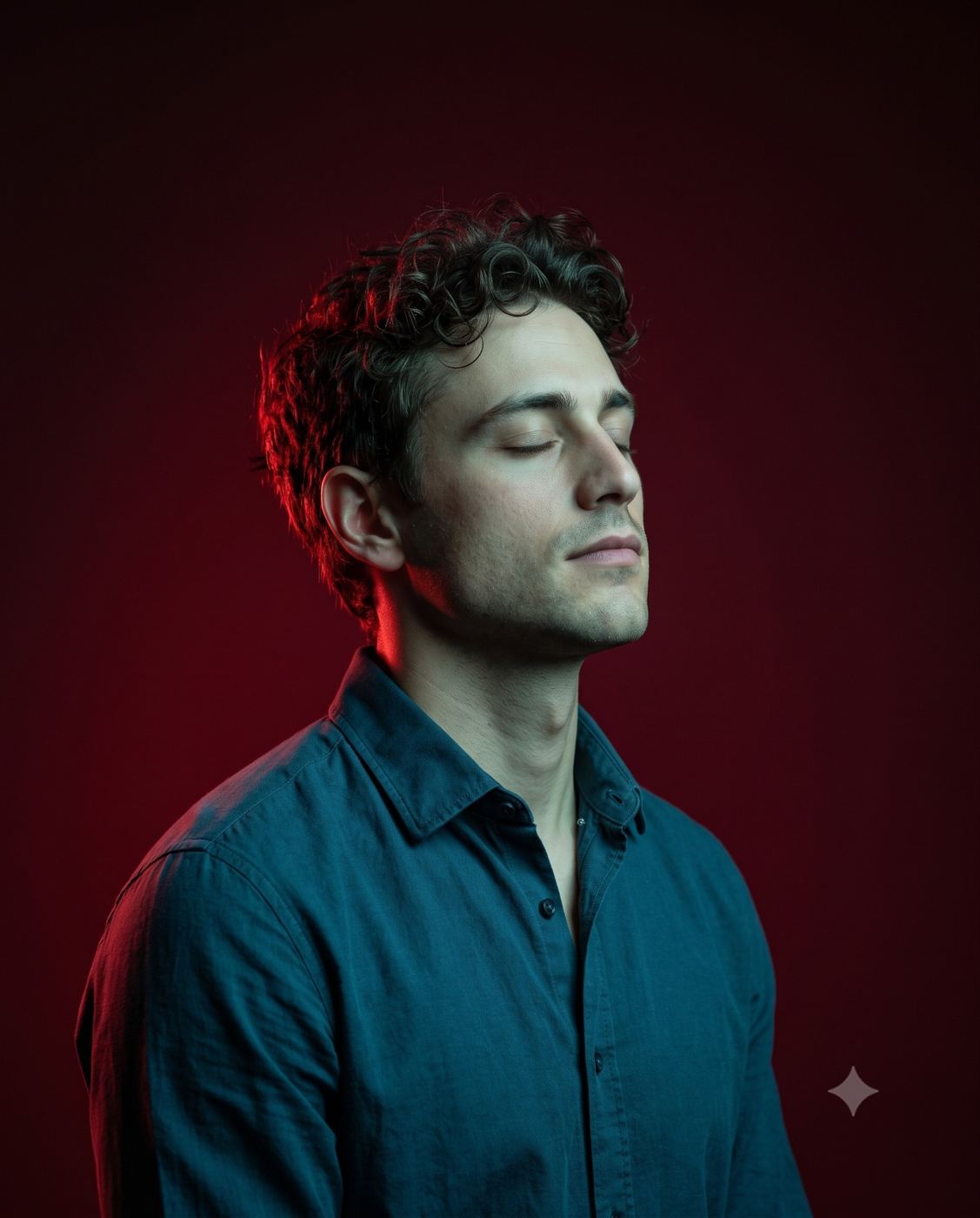 Man With Closed Eyes Red Lighting Portrait AI Photo Editing Prompt. AI generated studio portrait of a handsome man with curly hair and closed eyes, wearing a blue shirt against a dark red background with dramatic lighting.