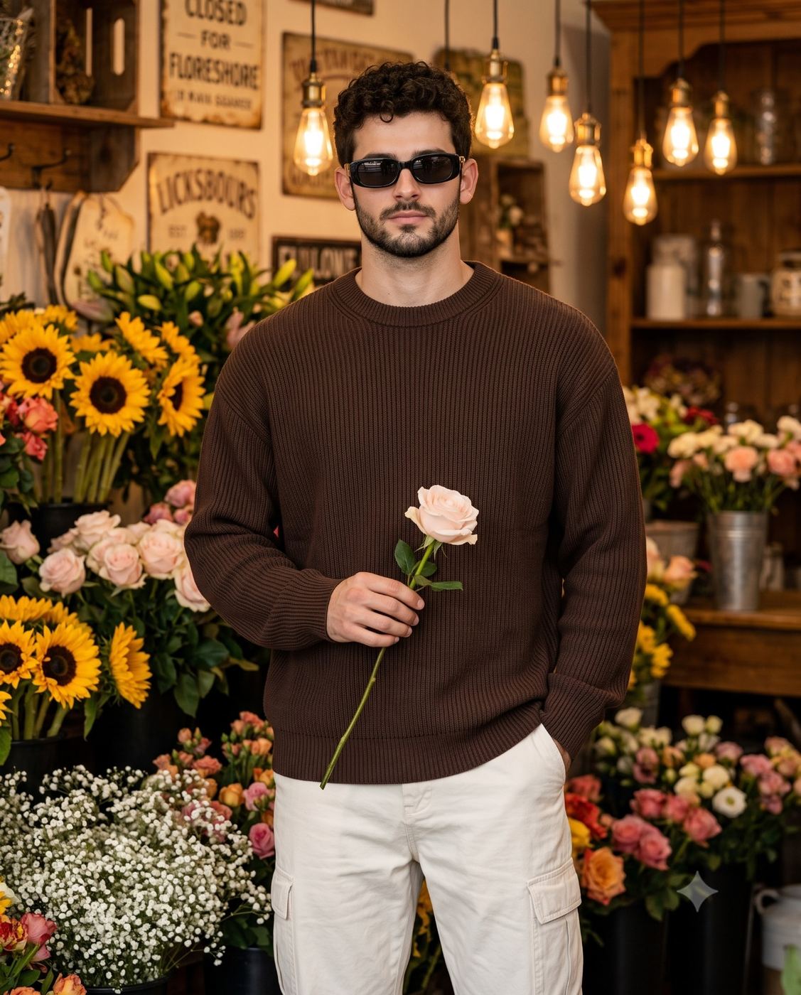 Man in Brown Sweater Holding Rose in Flower Shop Portrait AI Photo Editing Prompt. AI generated lifestyle portrait of a curly-haired man in sunglasses and a ribbed brown sweater holding a pink rose inside a cozy, string-lit flower shop.