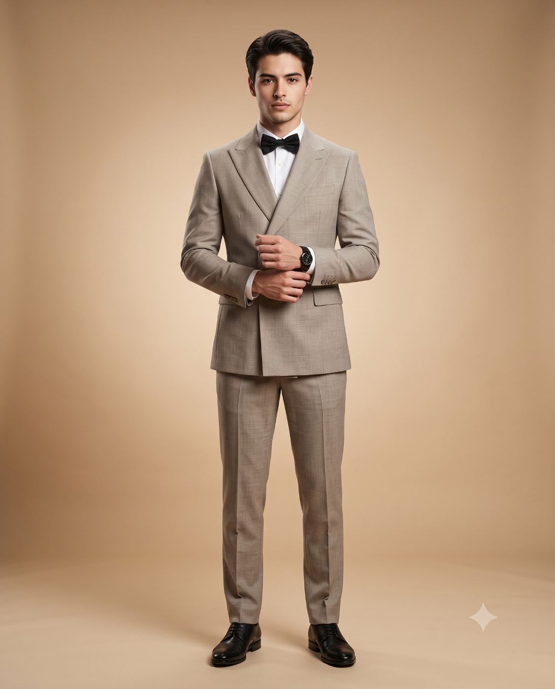 Man in Beige Suit Fashion Portrait AI Photo Editing Prompt. AI generated studio portrait of a handsome young man wearing a light brown double-breasted suit and black bowtie against a soft tan background.